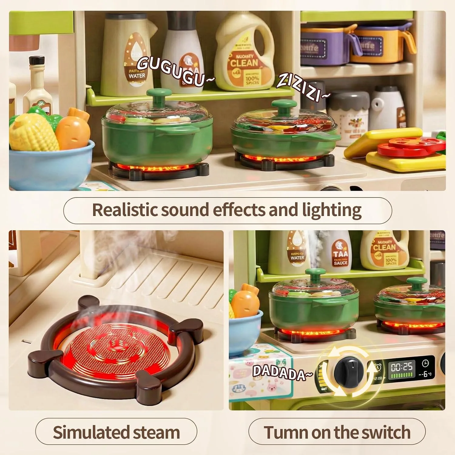 33.8IN Kids Kitchen Playset with Sound & Light - Cooking Stove with Steam