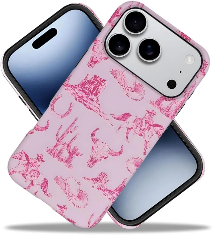 Case Compatible with iPhone 18 Pro/iPhone 17 Pro,Fall Prevention Hybrid 2-Layer Hard Shell Phone Cover for Girls Boys,Pink Hat Horse Western Cowboy
