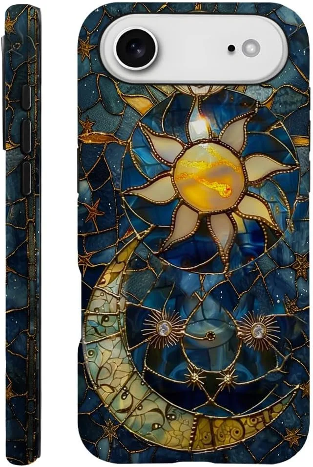 Case Compatible with iPhone 17 Air,Fall Prevention Hybrid 2-Layer Hard Shell Phone Cover for Girls Boys,Sun Moon Celestial Glass