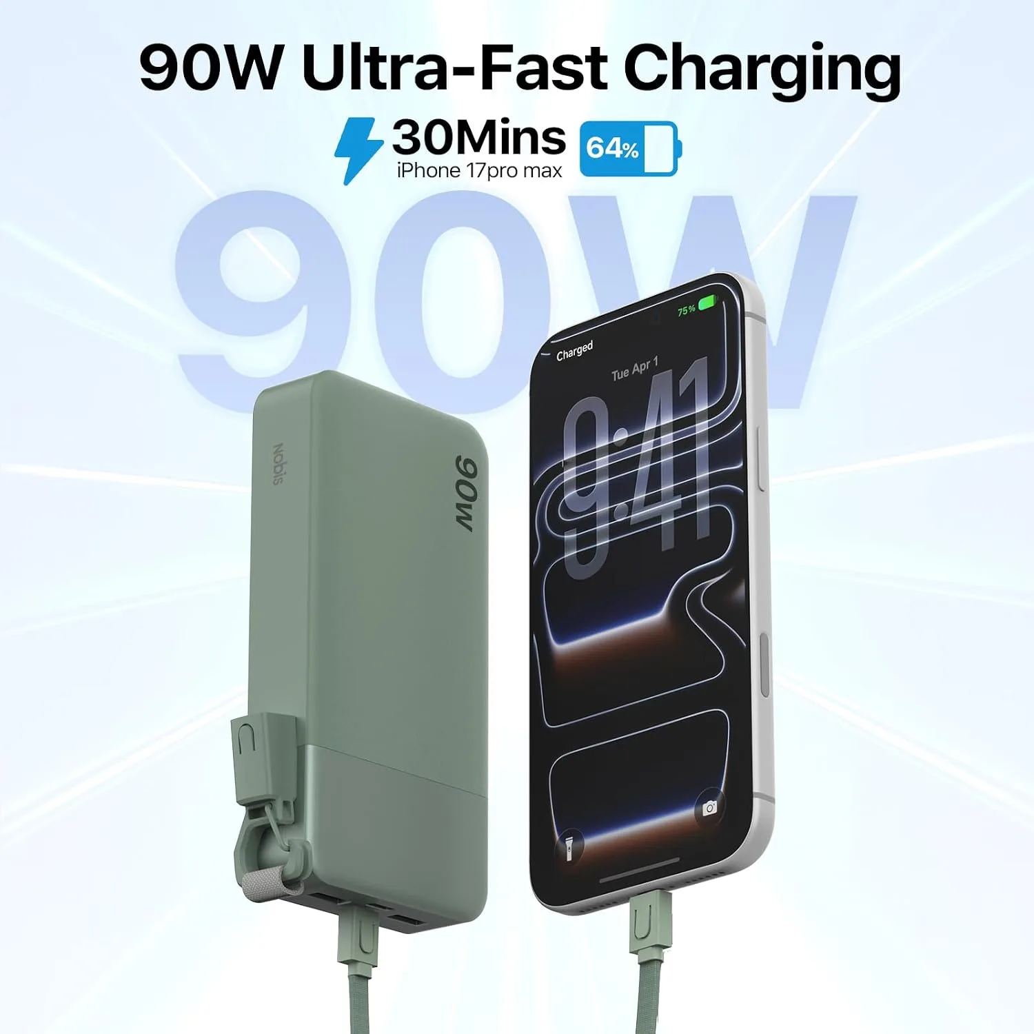 NOBIS Portable Charger 20000mAh 90W Power Bank w/Detachable Cable