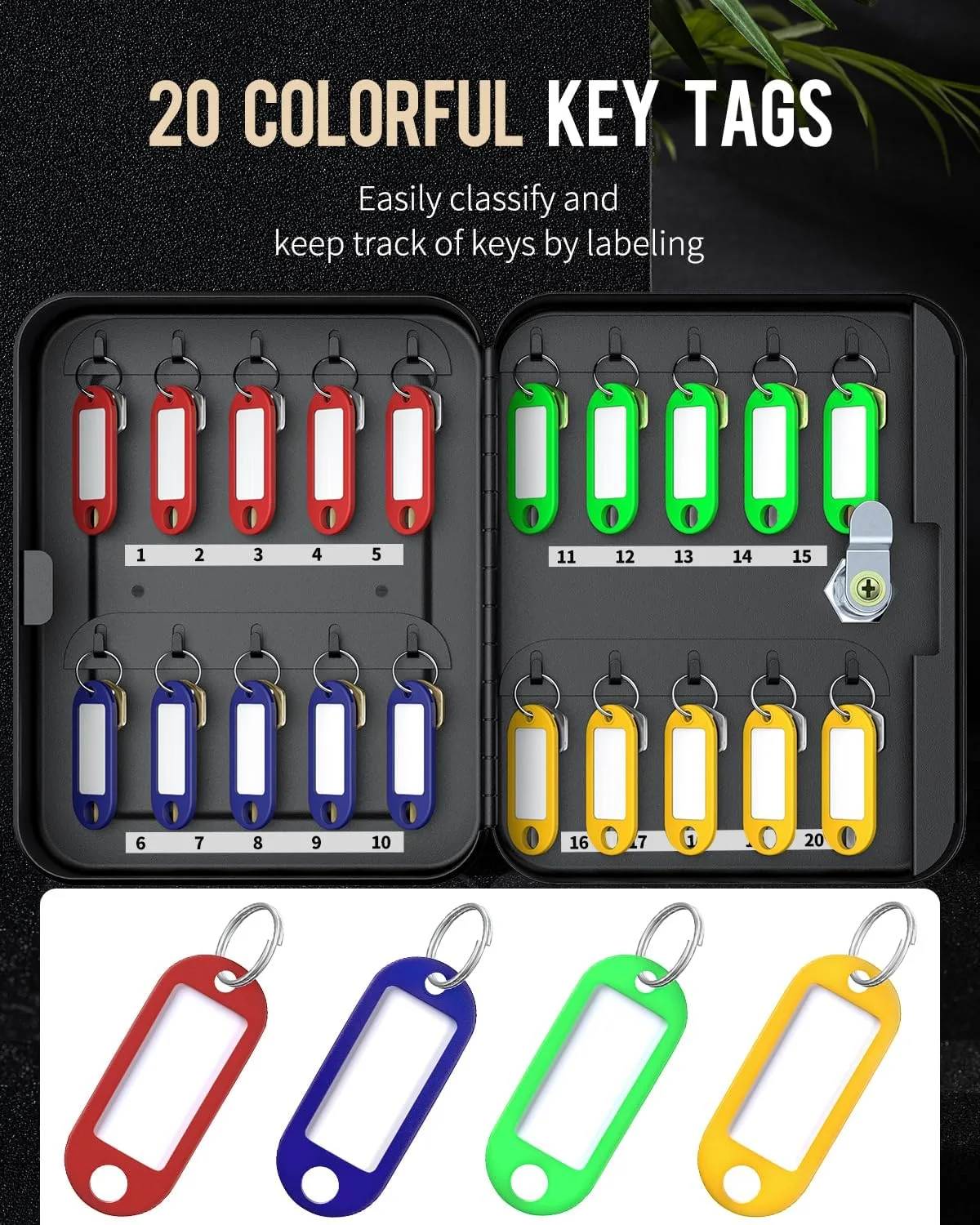 Uniclife 20 Position Key Cabinet with Key Lock Wall Mounted Black Security Storage Box Steel Key Organizer with Colorful Key Tag Labels Stickers and Hooks
