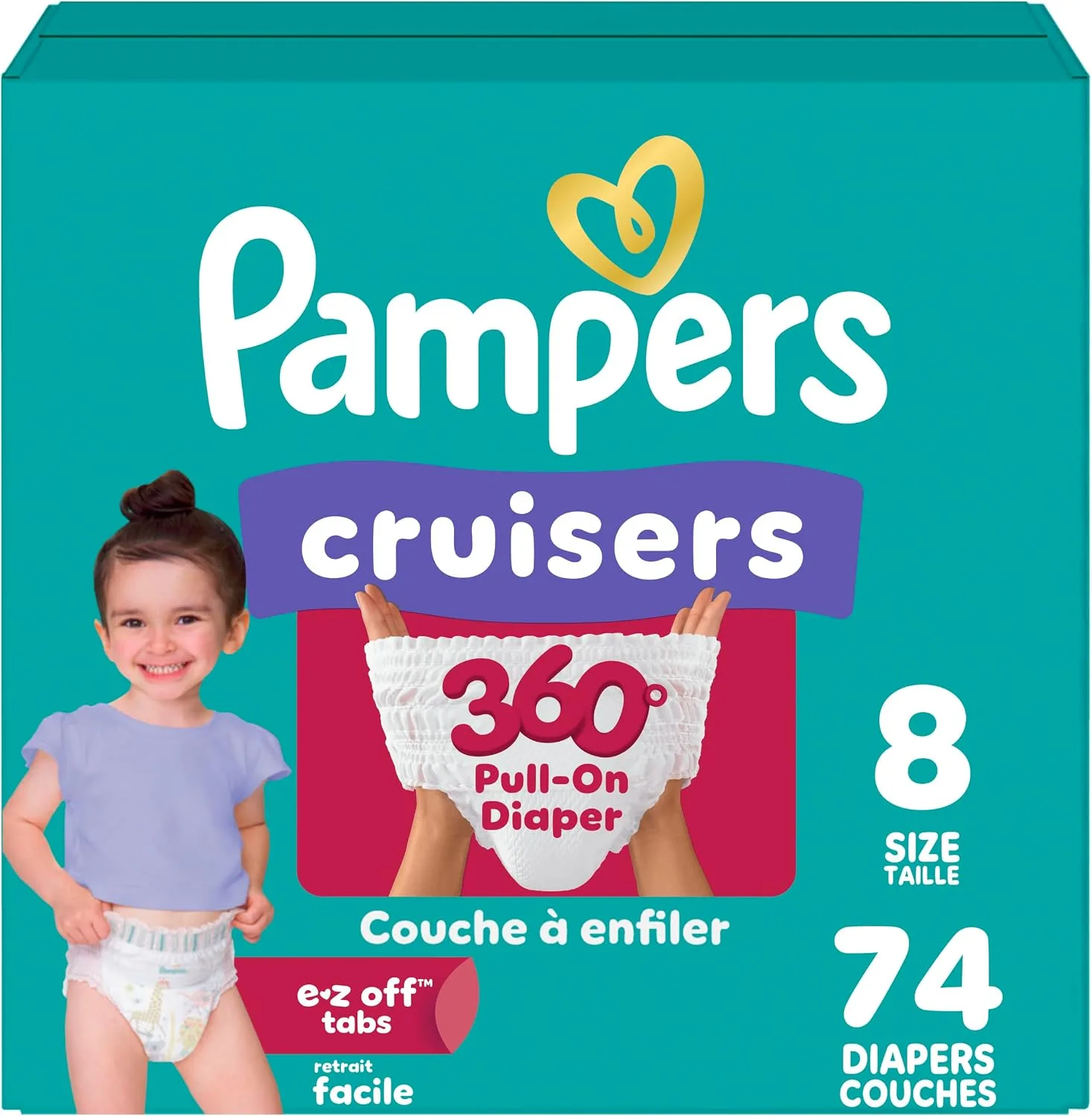 Pampers Diapers - Cruisers 360 Degrees - Size 8, 74 Count, up to 100% Leakproof Fit, Designed for Active Babies, Pull On Diaper, EZ Off Tabs Designed for Easy Changes
