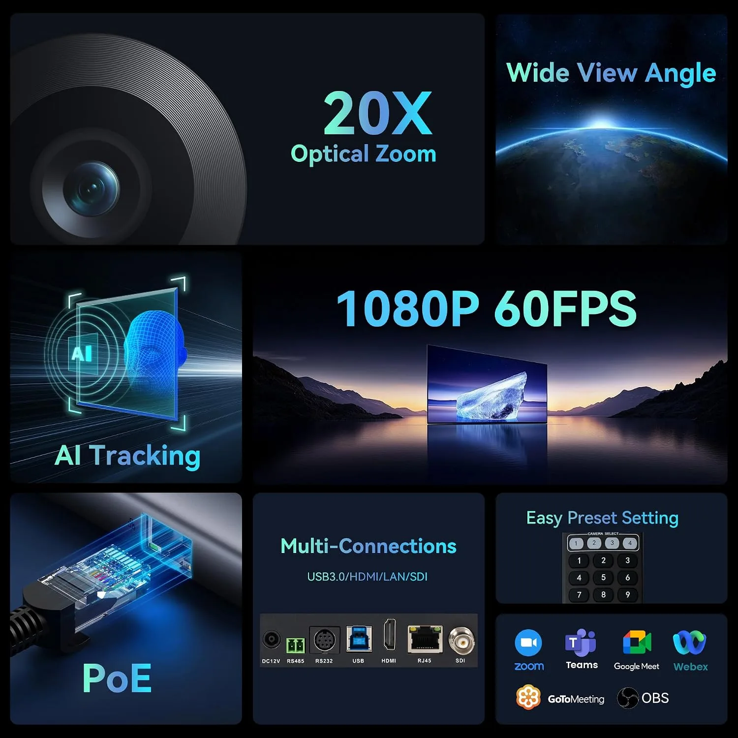 TONGVEO PTZ Camera 20X Optical Zoom AI HDMI IP SDI USB3.0 60fps PoE Camera