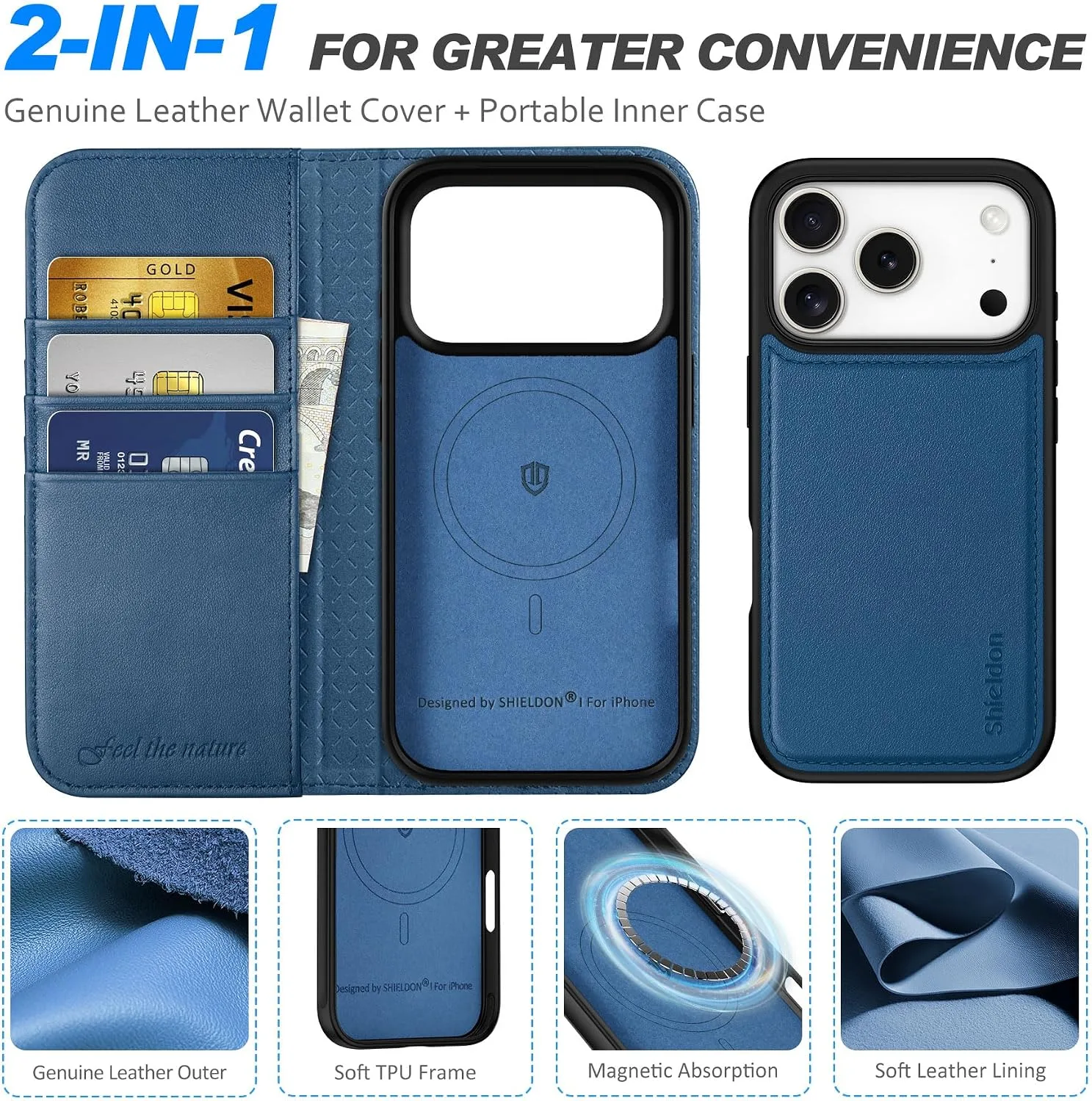 SHIELDON Detachable Case Wallet for iPhone 18 Pro/17 Pro 6.3", Royal Blue