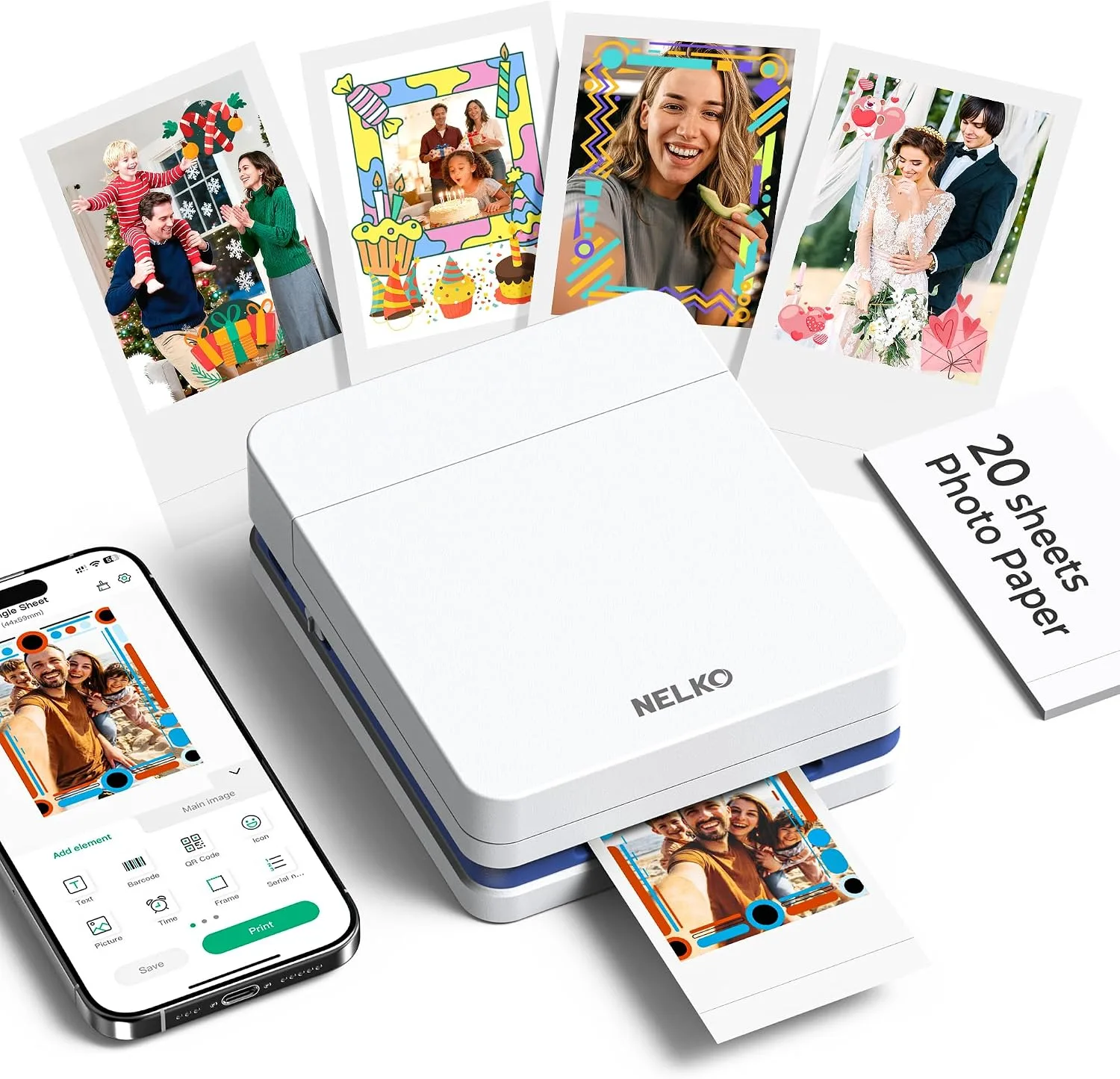 Nelko PP01 Photo Printer, 2x3 Portable Photo Printer, Mini Printer, White