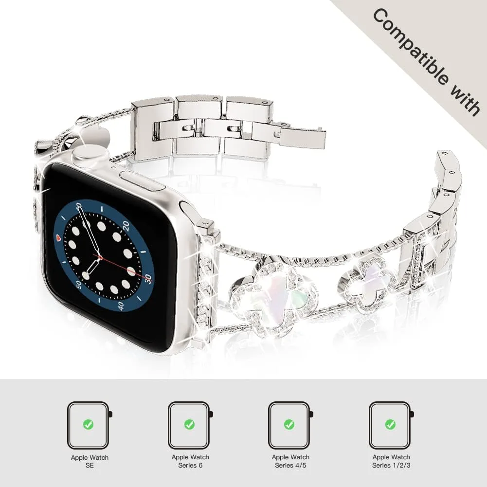 Musk-MSKR Diamond Metal Bands Add Sparkle to Your Watch For Apple Watch Series 12/11/10/9/8/7/6/5/4/3/2/SE/Ultra Clover Simple and Stylish Compatible with 38mm40mm41mm42mm44mm45mm 46mm49mm Women's Wear