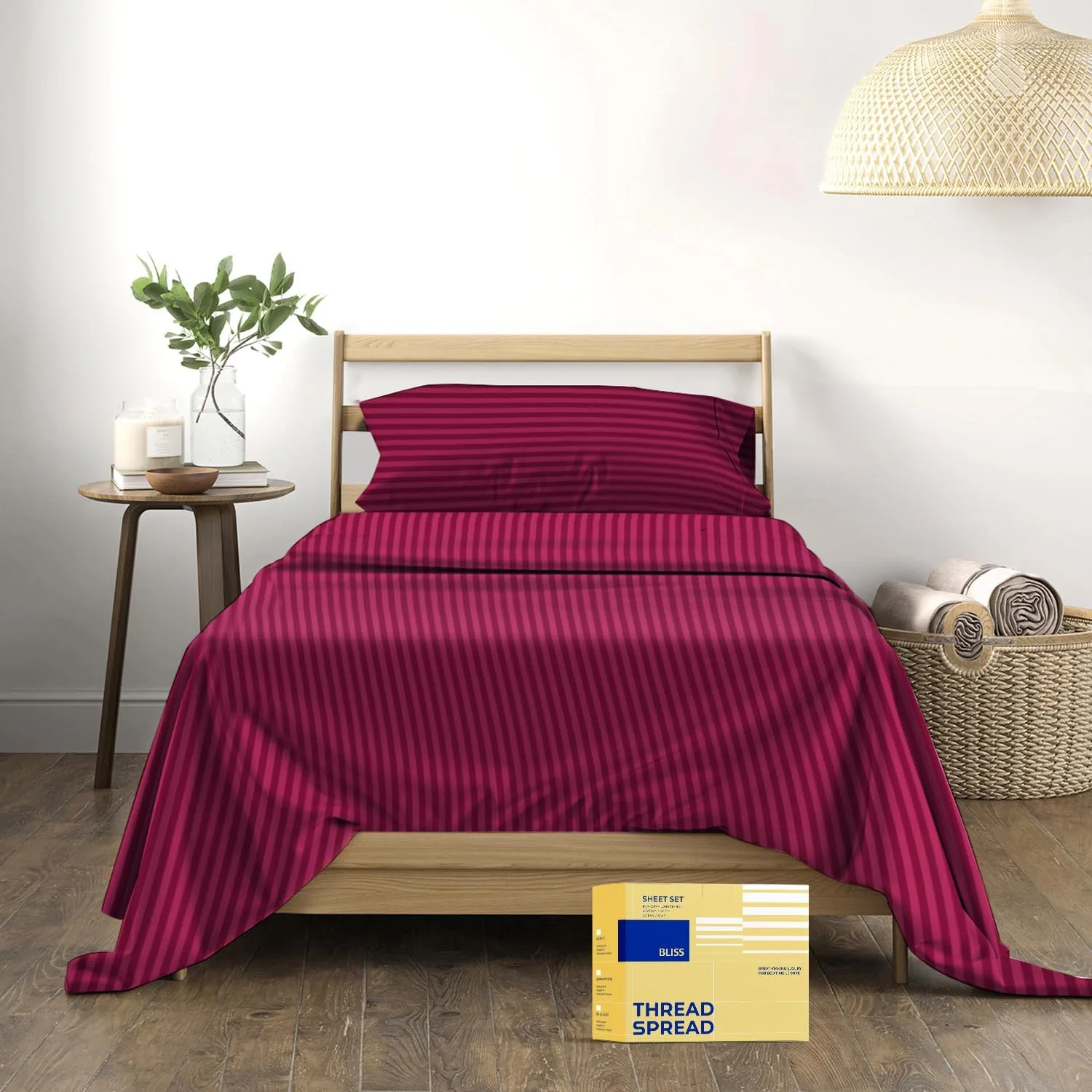 THREAD SPREAD Striped Egyptian Cotton Sheets Twin XL Size - 600 Series Bliss Collection Damask Twin XL Sheets Deep Pockets (3 PC, Burgundy Stripe), Sateen Dorm Bedding, Fits Mattress Upto 18"