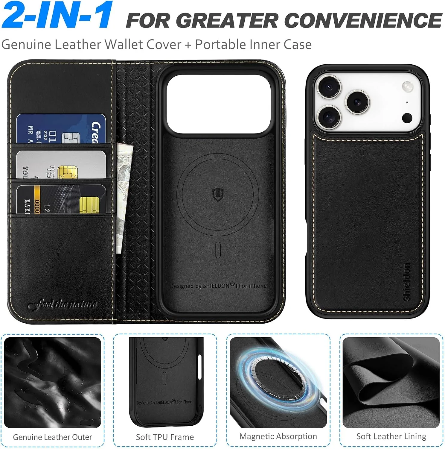SHIELDON 2 in 1 Wallet Case for iPhone 18 Pro Max/17 Pro Max, Retro Black