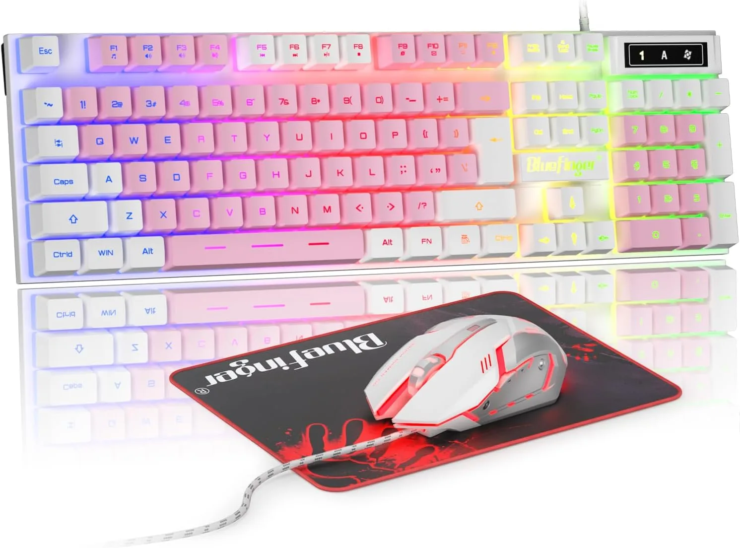 BlueFinger RGB Gaming Keyboard and Backlit Mouse Combo, USB Wired, LED Gaming Set for Laptop PC Computer Game and Work (White & Pink)