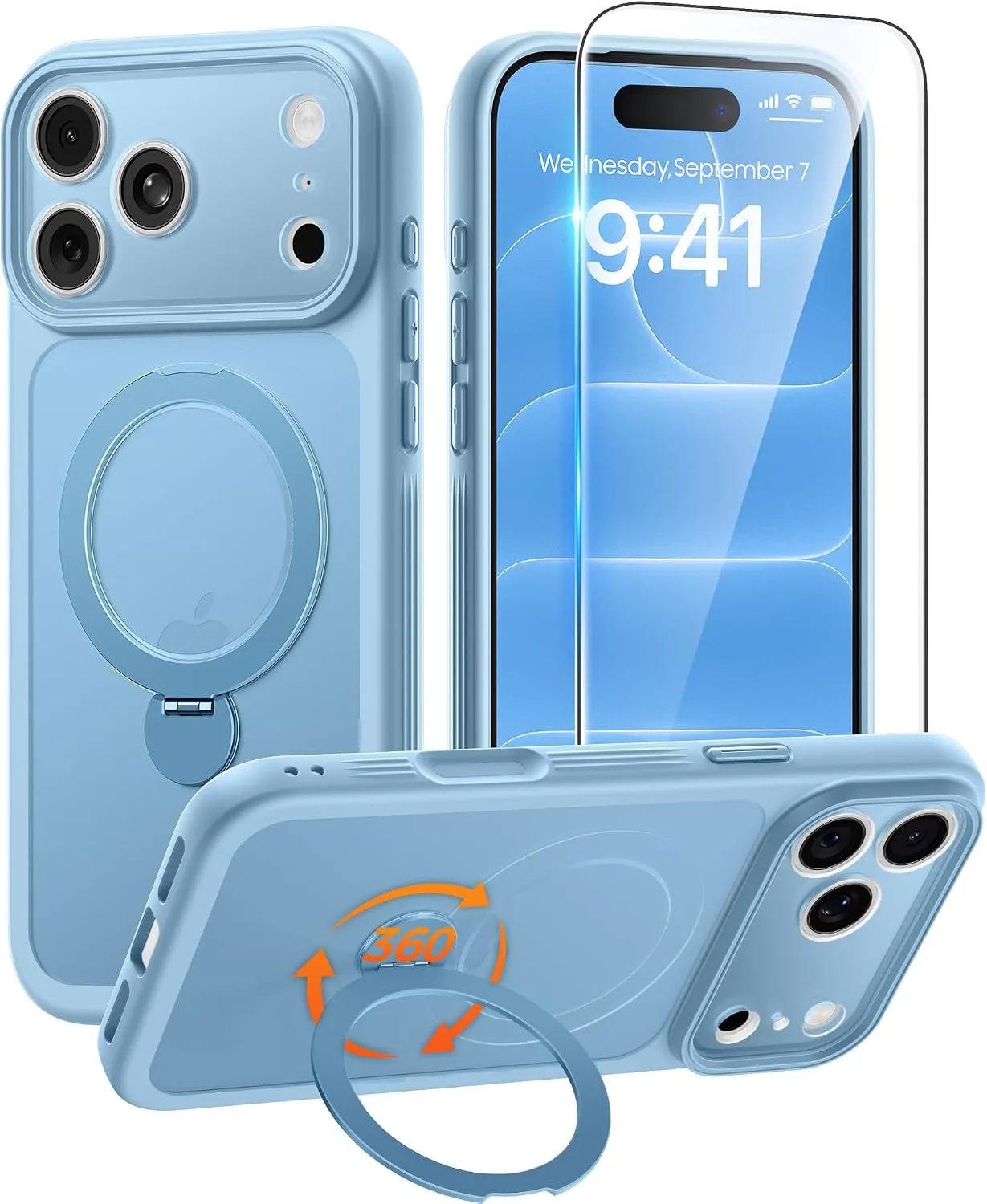 for iPhone 17 Pro Case with 360 Spin Stand, Light Blue