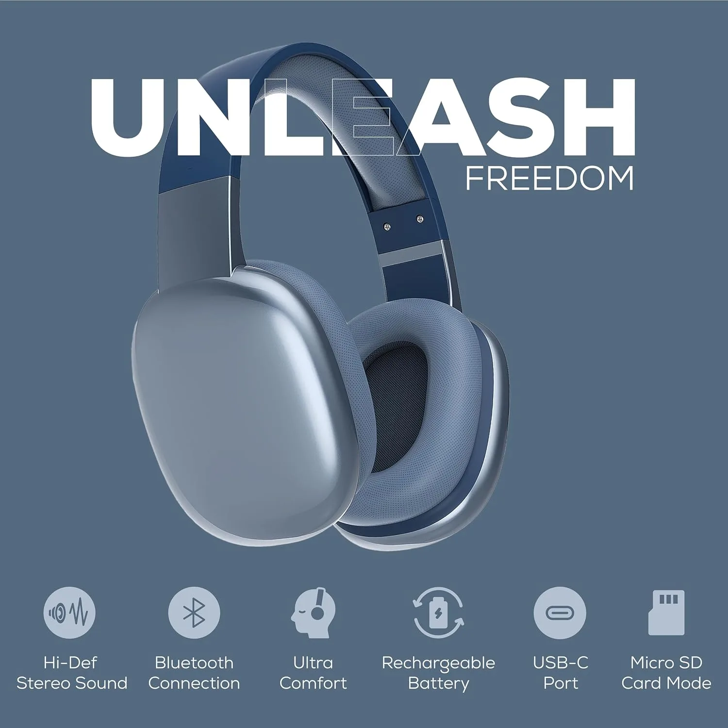 Gabba Goods Wireless Over Ear Bluetooth Headphones with Microphone - Wireless Headset -Noise Reduction - Bluetooth, Wired,Built in Micro SD for Travel, Home, Work TV,PC,Gaming,Cellphone (Blue)