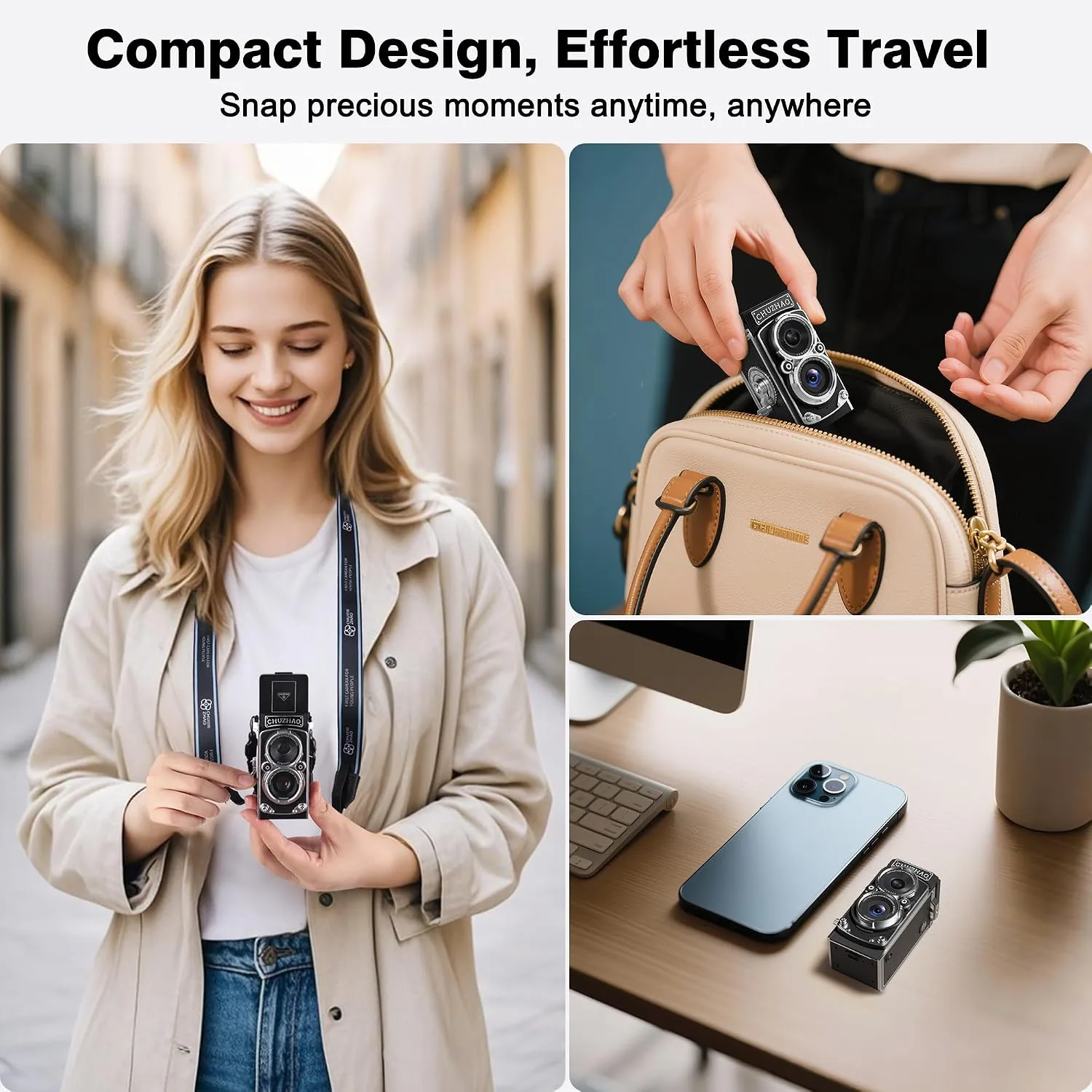 CHUZHAO Vintage Mini Digital Camera, Portable TLR Style Retro Point and Shoot Compact Small Pocket 1080P FHD Video 12MP Autofocus Vlogging Camera with 16 GB Card for Beginners Teens Adults Black