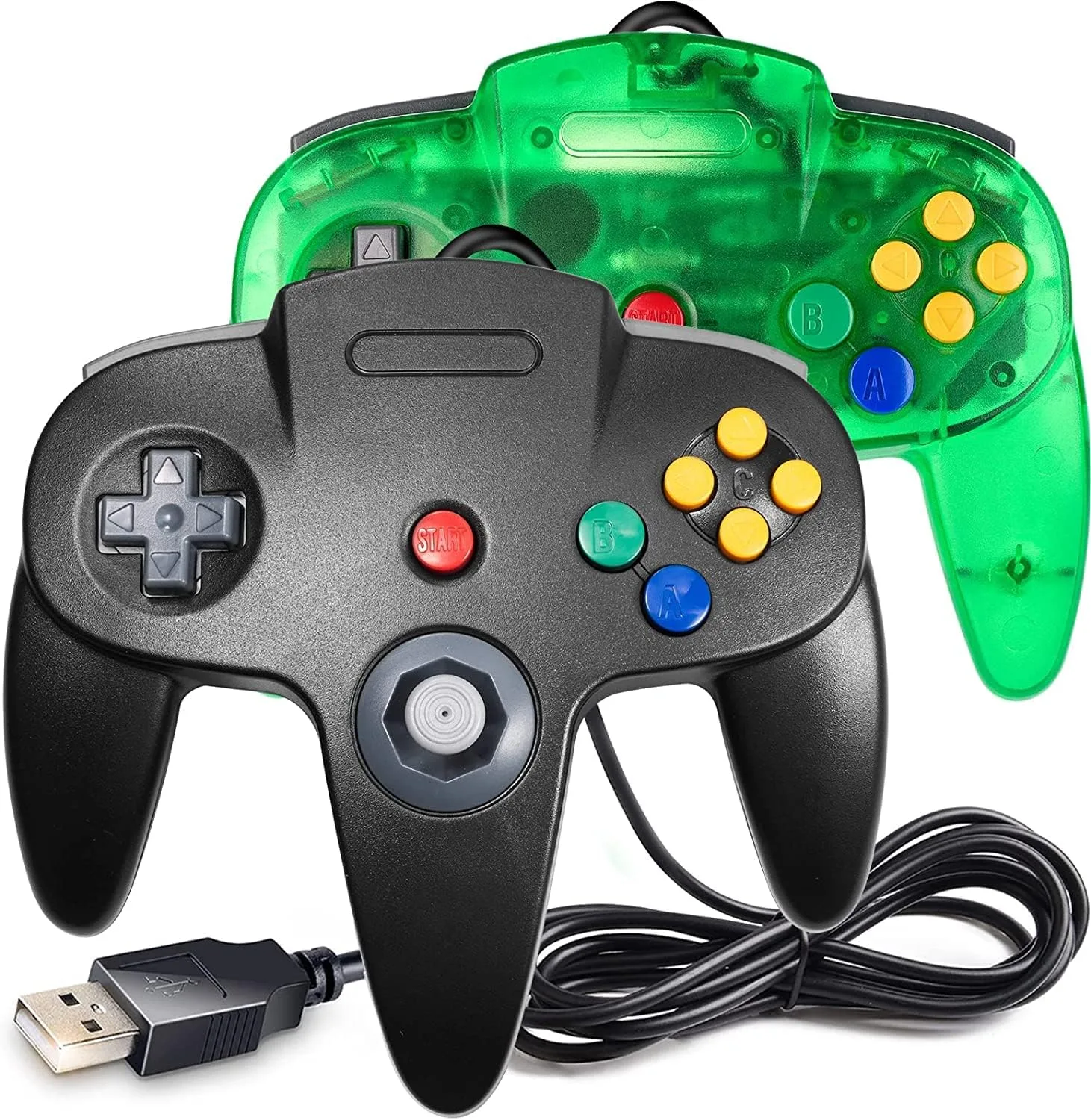 miadore 2 Pack Classic N64 Controller, N64 Wired USB PC Game pad Joystick, N64 Bit USB Wired Game Stick Joy pad Controller for Windows PC MAC Linux Raspberry Pi 3 Sega Genesis (Clear Green/Black)