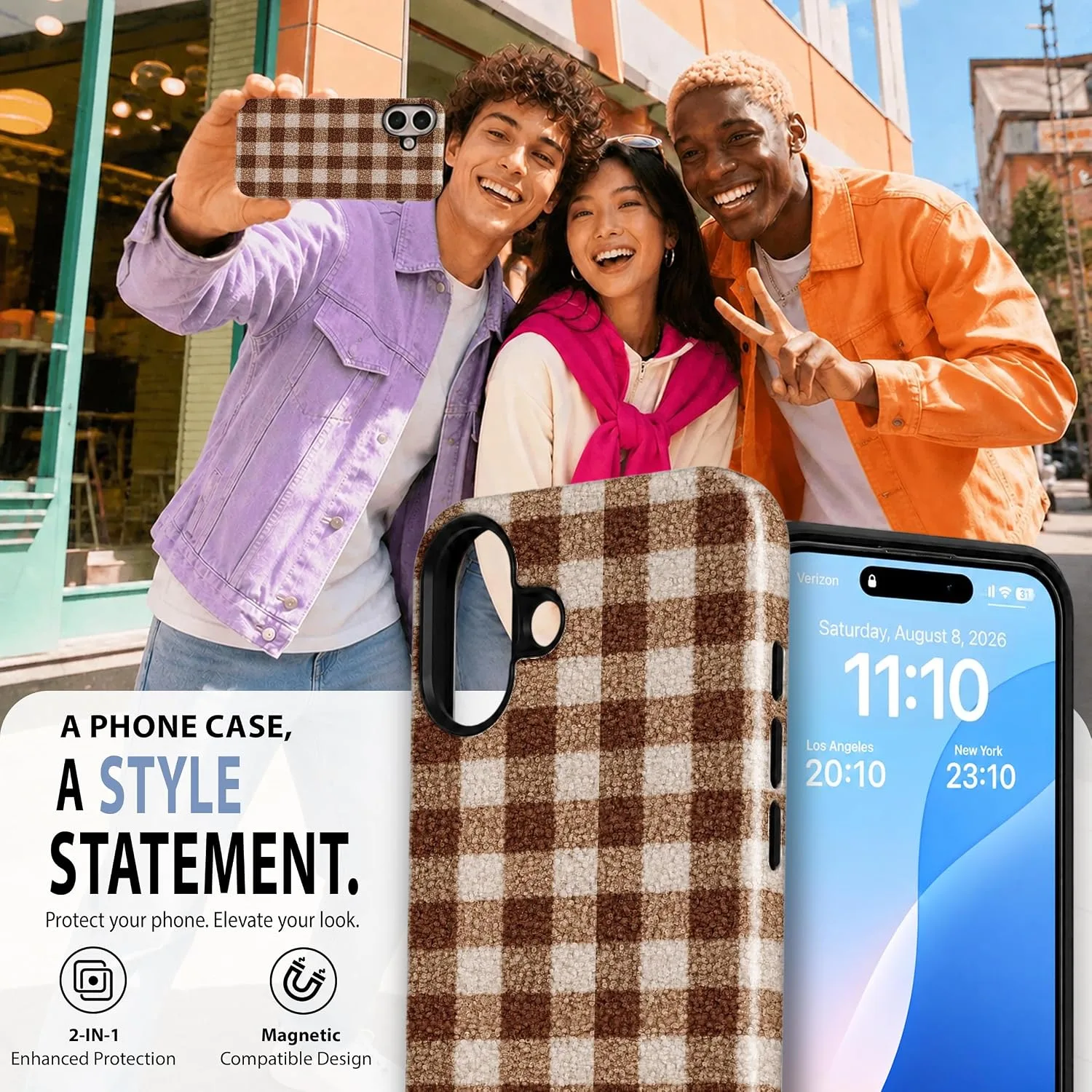 Magnetic for iPhone 16 Plus Chic Fall Brown Gingham Phone Case