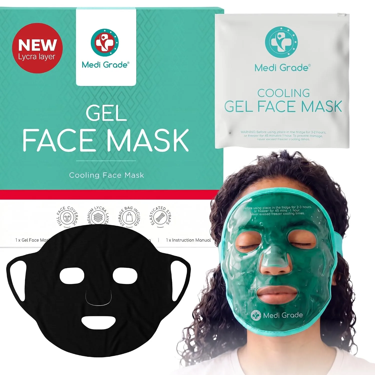 Medi Grade Cooling Face Mask, Gel Ice Pack for Face with Lycra Mask, Green