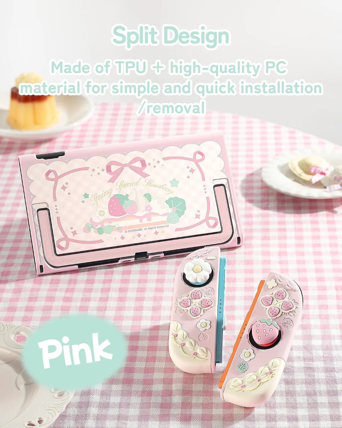 GeekShare Strawberries with Cream Case Compatible with Switch 2, Slim Separable Soft Silicone Protective Shell with 2 Thumb Grip Caps -- Pink