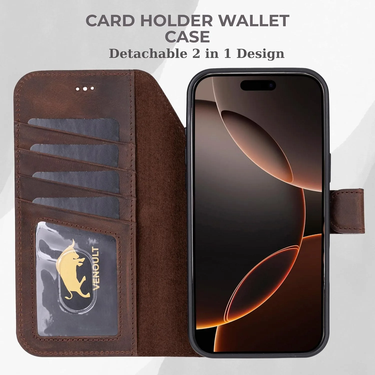 VENOULT Wallet Case for iPhone, Full Grain Genuine Turkish Leather, Magnetic Detachable, RFID 4 Card Slots, Business Style, Compatible with MagSafe (Vintage, iPhone 16 Pro MAX)