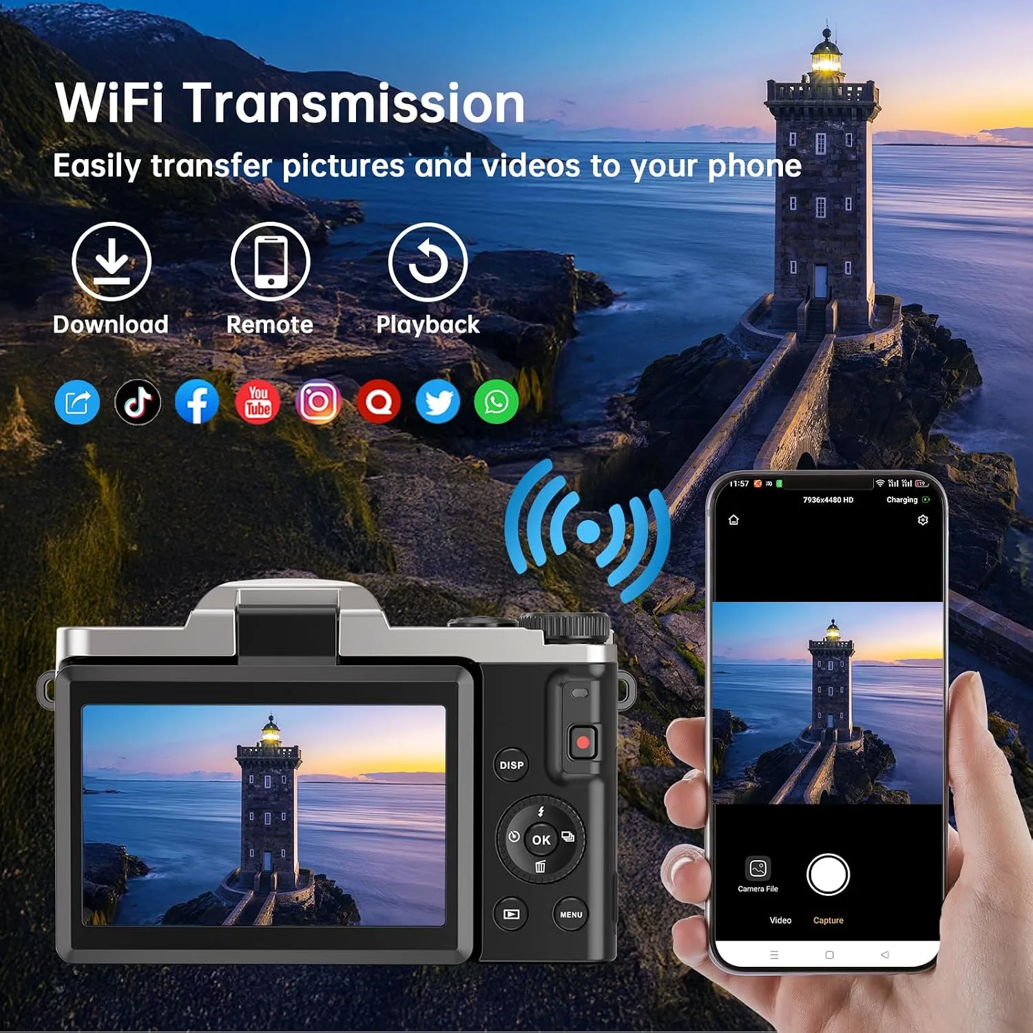 4K Digital Camera for Photography with WiFi 64MP Auto-Focus Vlogging Camera for YouTube Video 3'' 180° Flip Screen 4K Cameras 16X Zoom Anti-Shake Compact Point and Shoot Cameras with SD Card