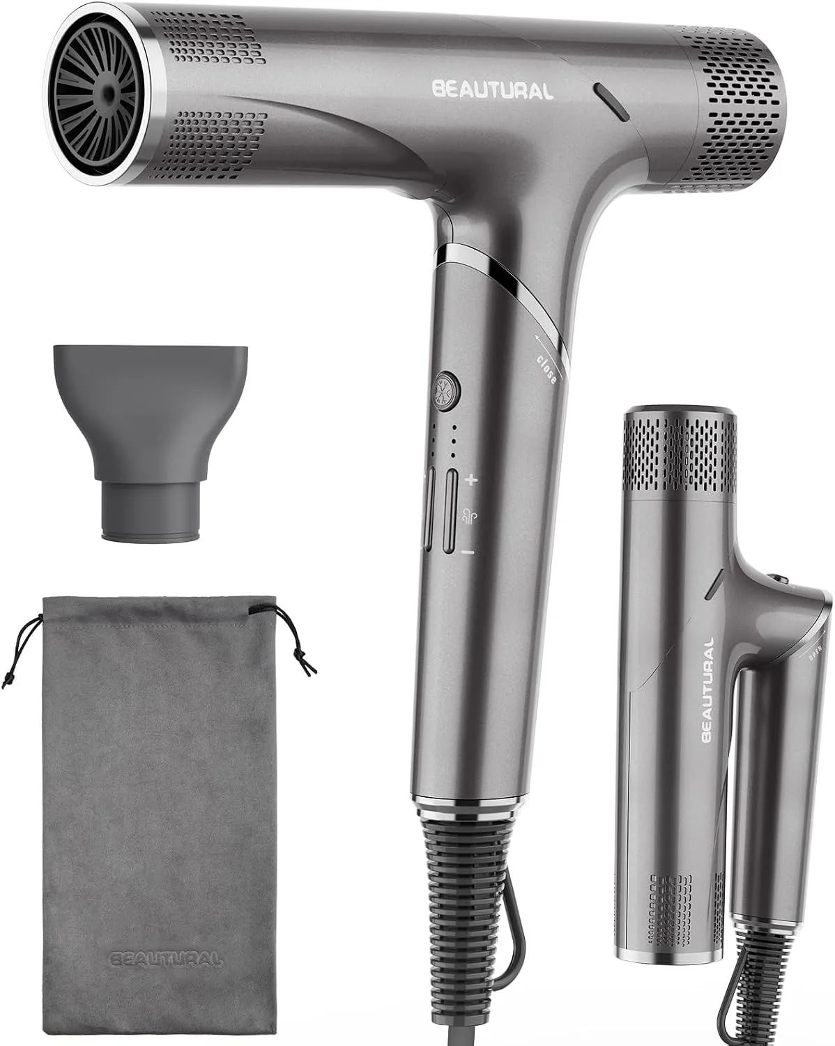 BEAUTURAL 1600W High-Speed Foldable Dual Voltage Travel Hair Dryer, Gray