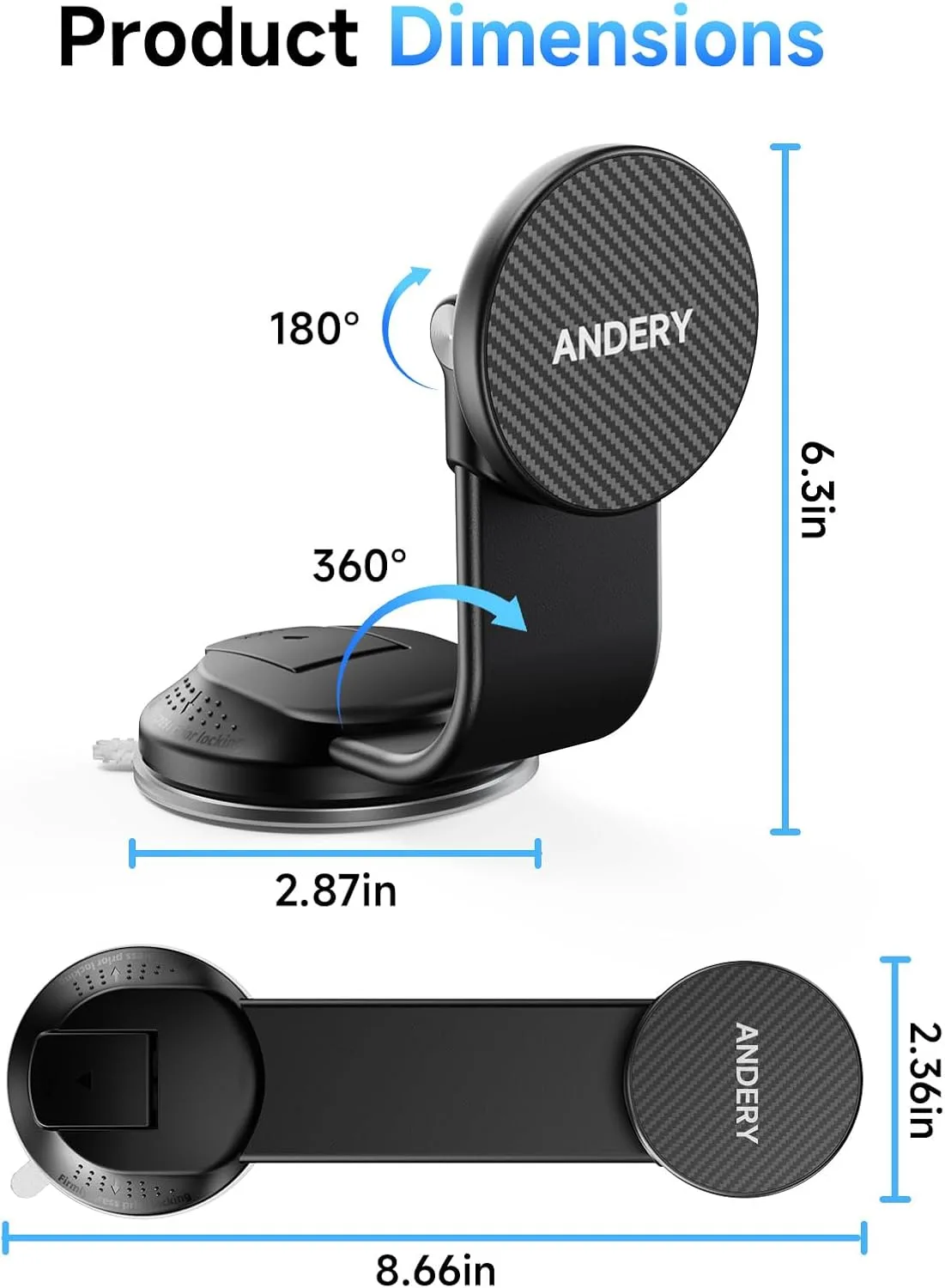 ANDERY Car Phone Holder for MagSafe [360° Adjustable Memory Alloy Arm | 2400gf Strongest Magnetic Power] Bendable Desk & Car Mount, Phone Holders for Your Car for iPhone and Smartphones, Carbon Fiber