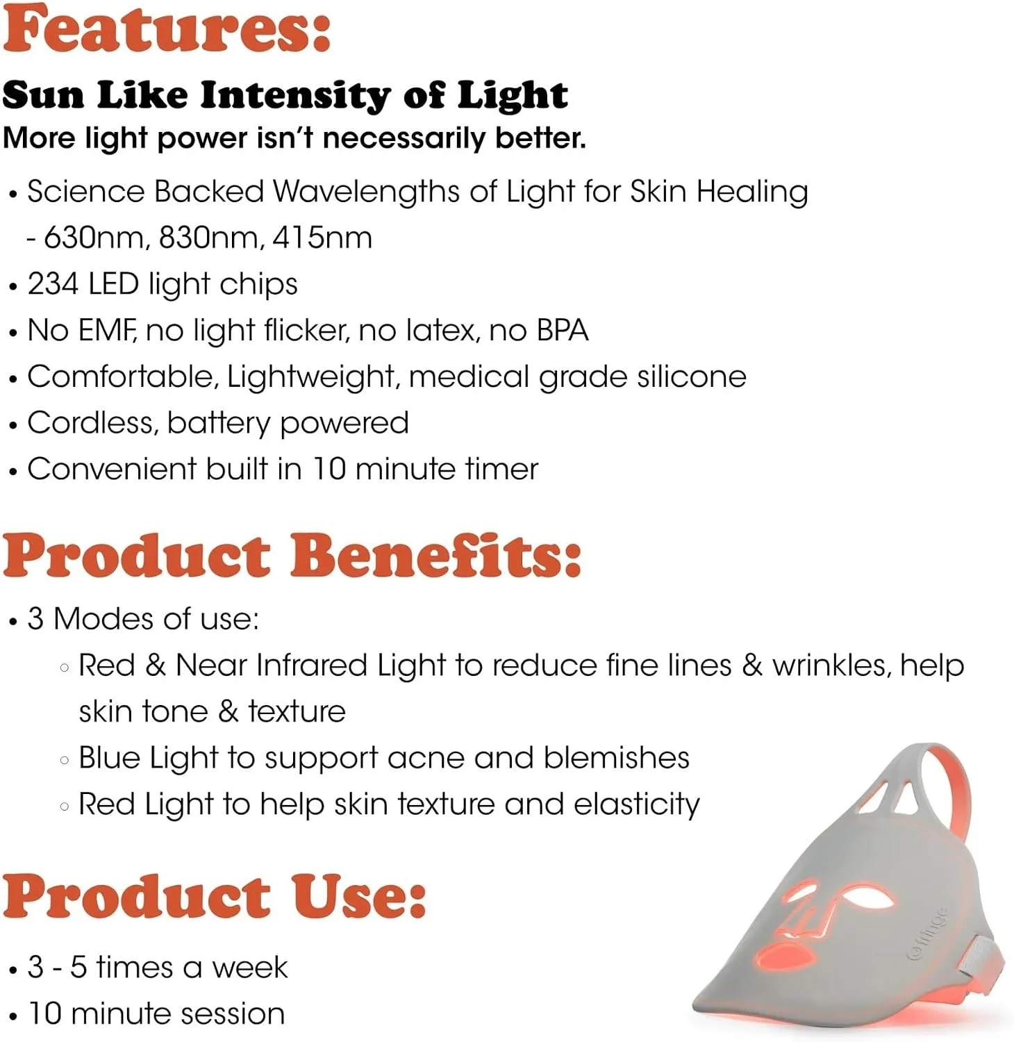 Fringe Red Face Mask, Both Red 630nm and Infrared 830nm for Rejuvenation & Blue 415nm for Blemishes, Beauty Mask, for Fine Lines and Wrinkles, 234 LED Lights