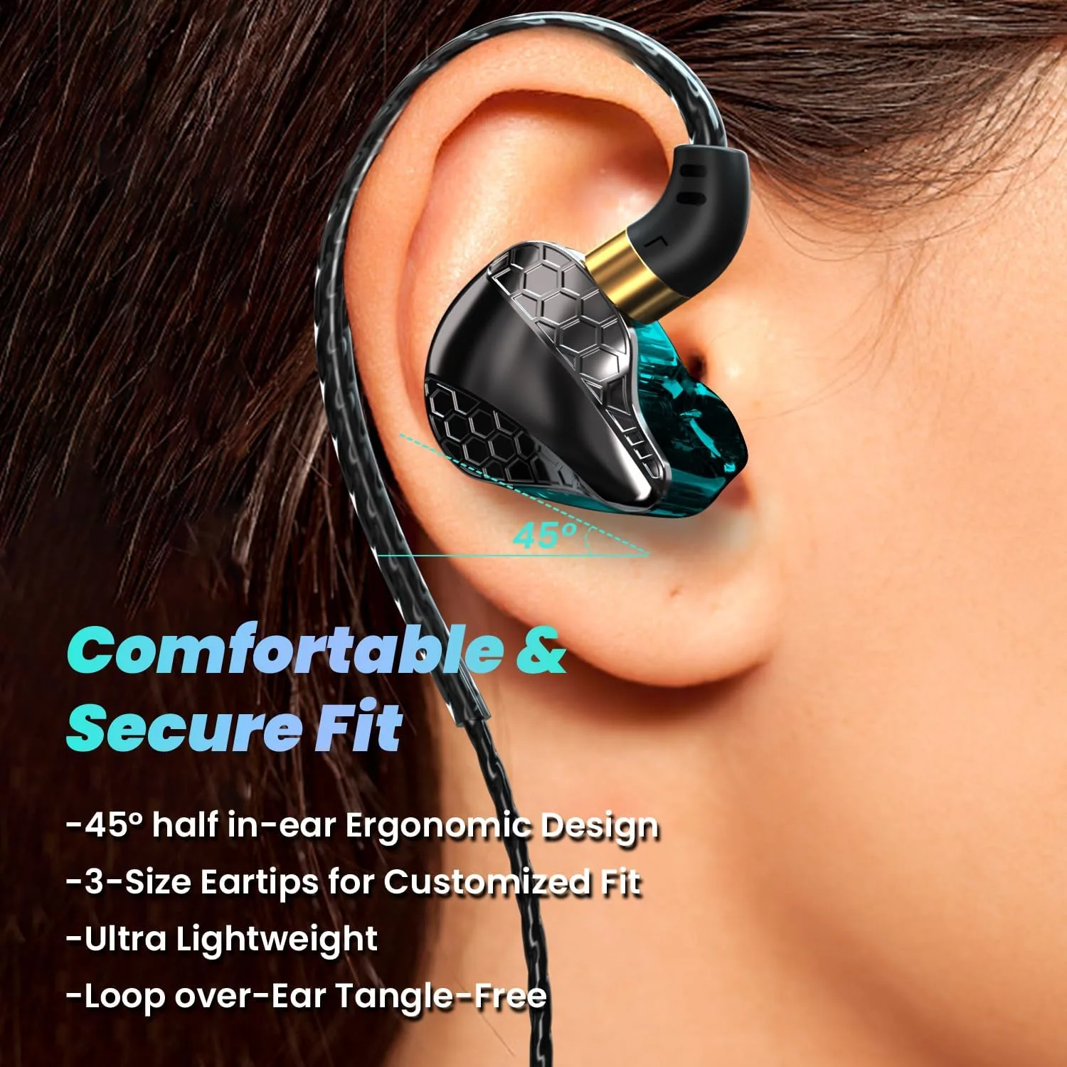 3.5mm Fixed Cable IEM, HiFi Wired Earbuds with Mic, Gaming Earbuds,Blue