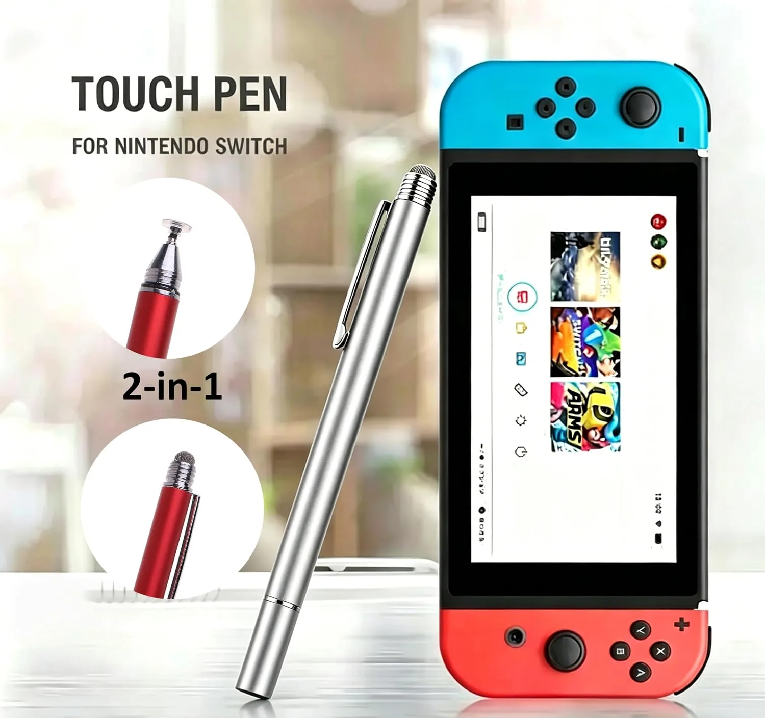 2-in-1 Stylus Pen for Nintendo Switch1/2/Lite/OLED, with Lanyard (Silver)
