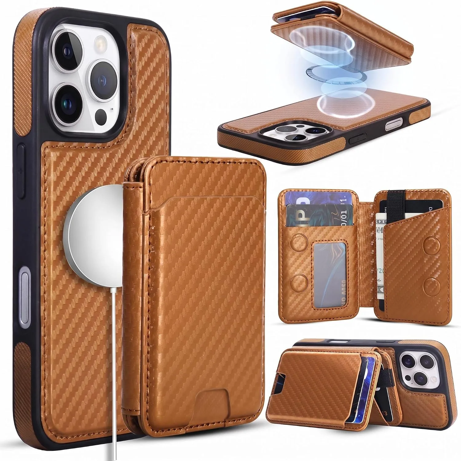 Magnetic Detachable Wallet Case for iPhone 16 Pro with Kickstand,2-in-1 MagSafe Compatible RFID Blocking Card Holder,Slim PU Leather Cover Carbon Coffee