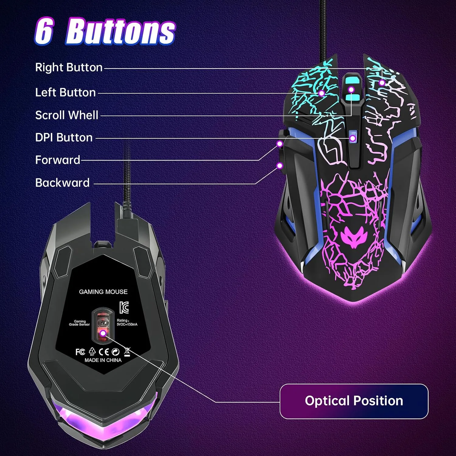Wired Gaming Mouse,Ergonomic Optical Gaming Mice with 7 Color LED Backlight, 4 DPI Settings Up to 3600 DPI Computer Wired USB Mouse for Laptop/mac, 6 Buttons, Black