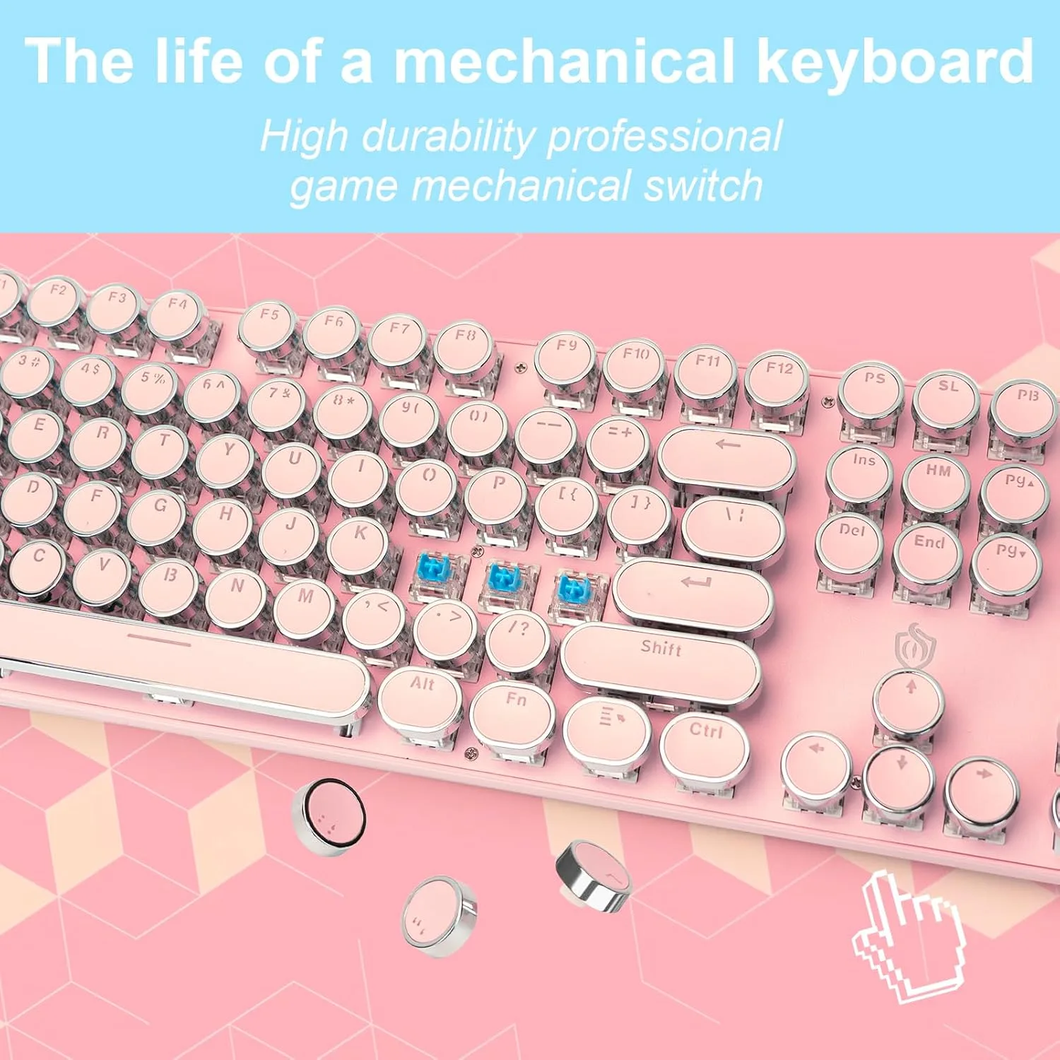 YSCP Typewriter Style Mechanical Gaming Keyboard White Backlit Wired with Blue Switch Retro Round Keycap 104 Keys Keyboard (Pink)