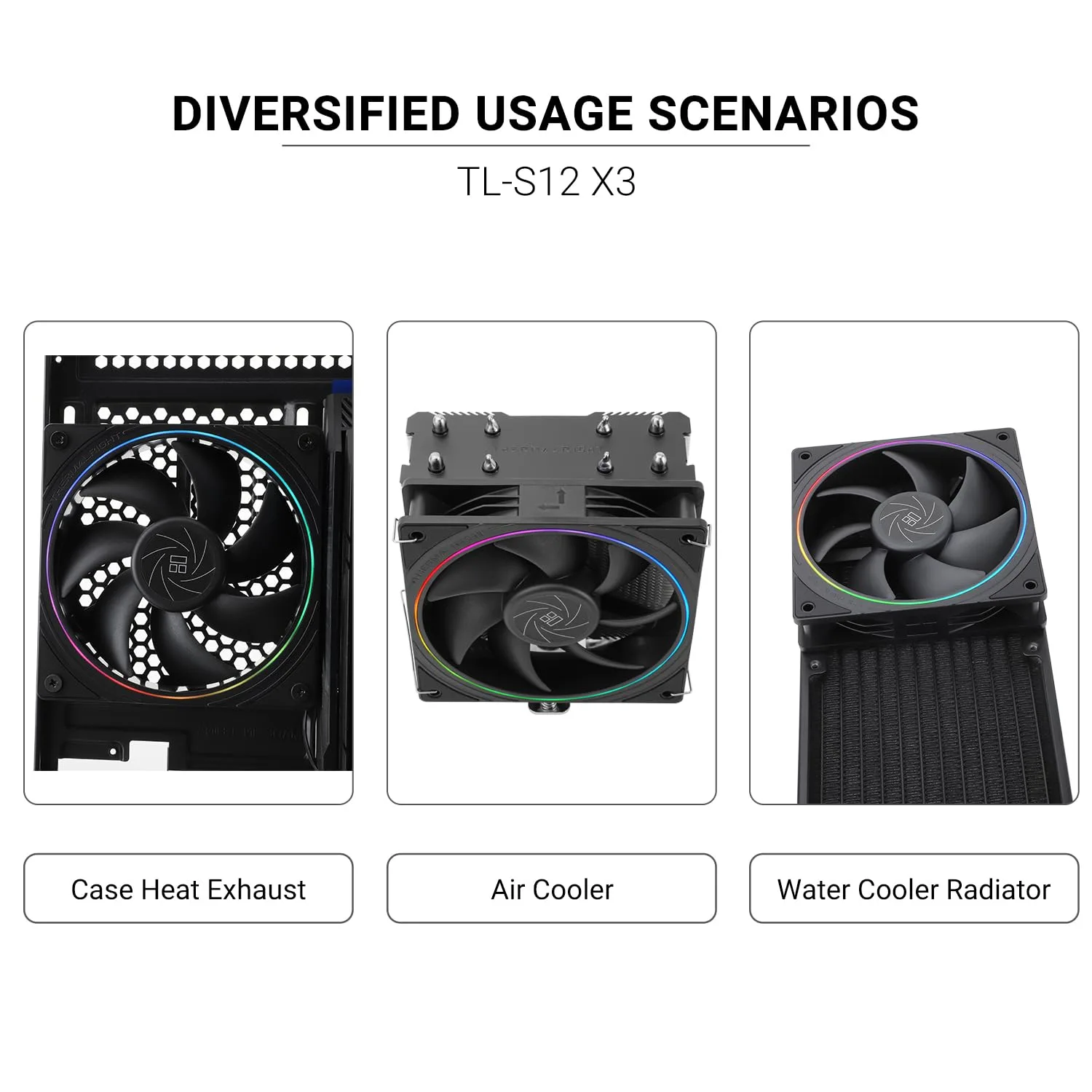 Thermalright TL-S12 CPU Fan 120mm Case Cooler Fan Comes with ARGB Lighting Effect,PC PWM Silent Computer Fan with 1500RPM Speed, CPU Cooling Fan Black(Black,3-Pack)