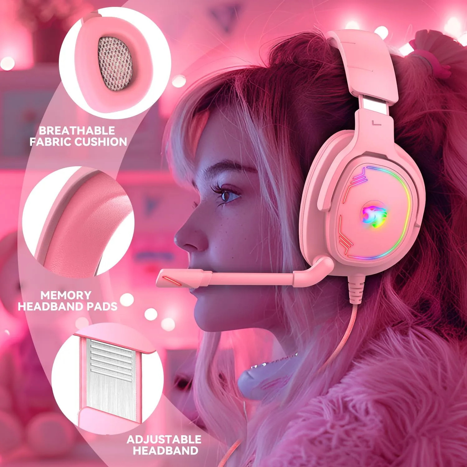 Jimonyer Gaming Headset for PS5 PS4 Xbox Series X|S PC Switch (Pink)