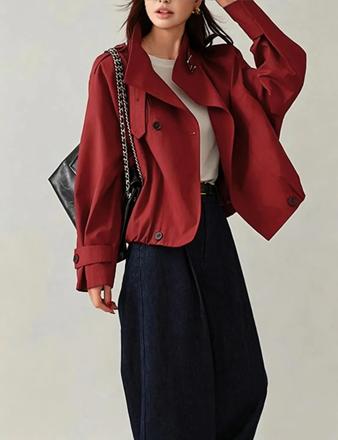 Megfie Jackets for Women Vintage Trench Coat Funnel Neck Cropped Jackets
