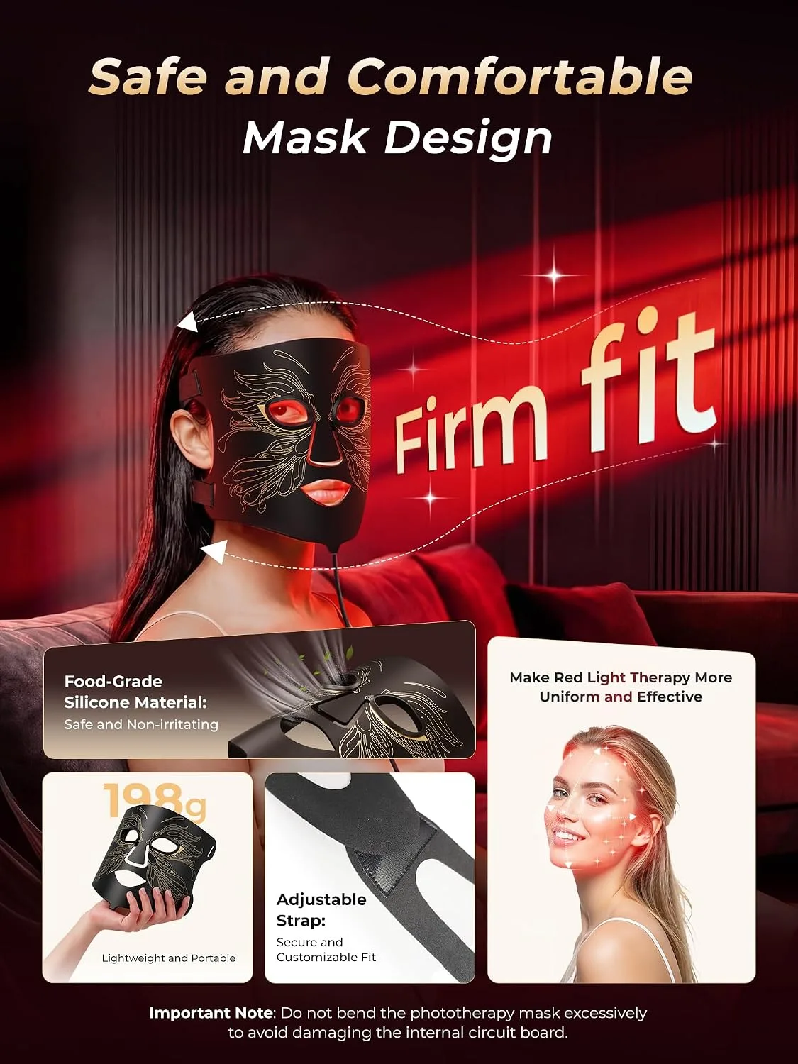 Red Light Therapy for Face & Neck with 850nm NIR & 7 Color Modes
