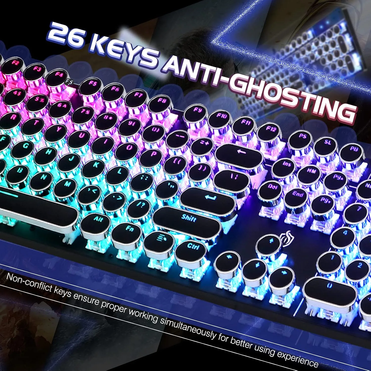 YSCP Typewriter Style Mechanical Gaming Keyboard RGB Backlit Wired with Blue Switch Retro Round Keycap 104 Keys Keyboard (R-Black)