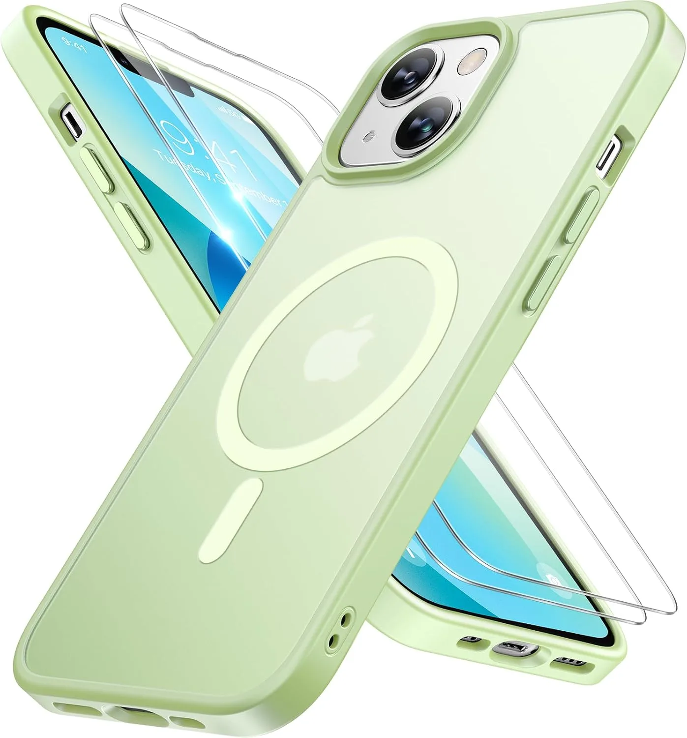 Miracase Magnetic for iPhone 13 Case 6.1 inch (Compatible with MagSafe)（with 2X Screen Protectors） Military-Grade Protection, Anti-Fingerprint Translucent Matte Phone Case Cover, Light Green