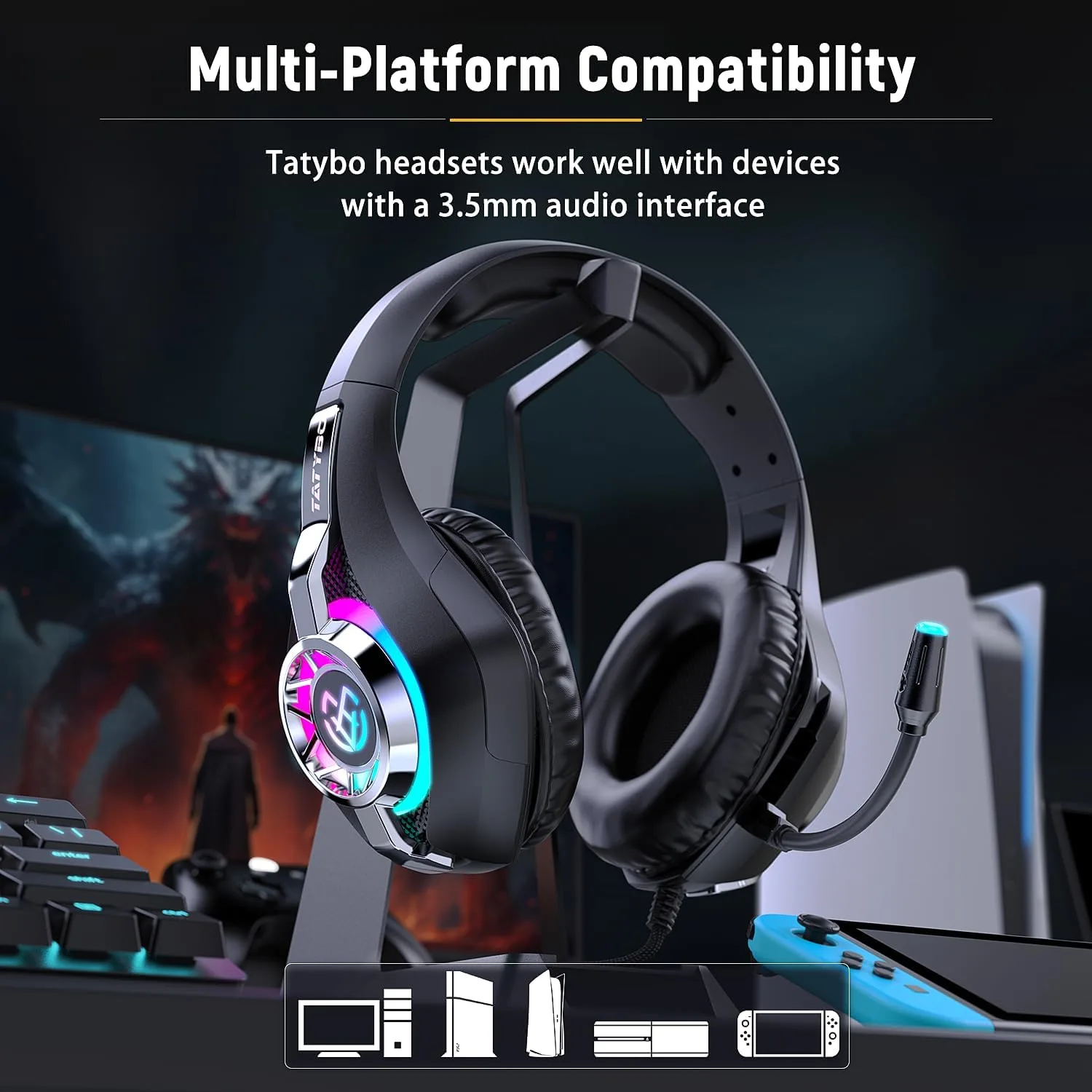 Tatybo Gaming Headset for PS5 PC, Noise Canceling Mic, RGB, Black