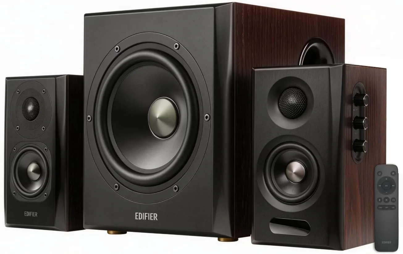 Edifier S355DB 2.1 Powered Bookshelf Speakers, 150W Hi-Res Audio, Walnut