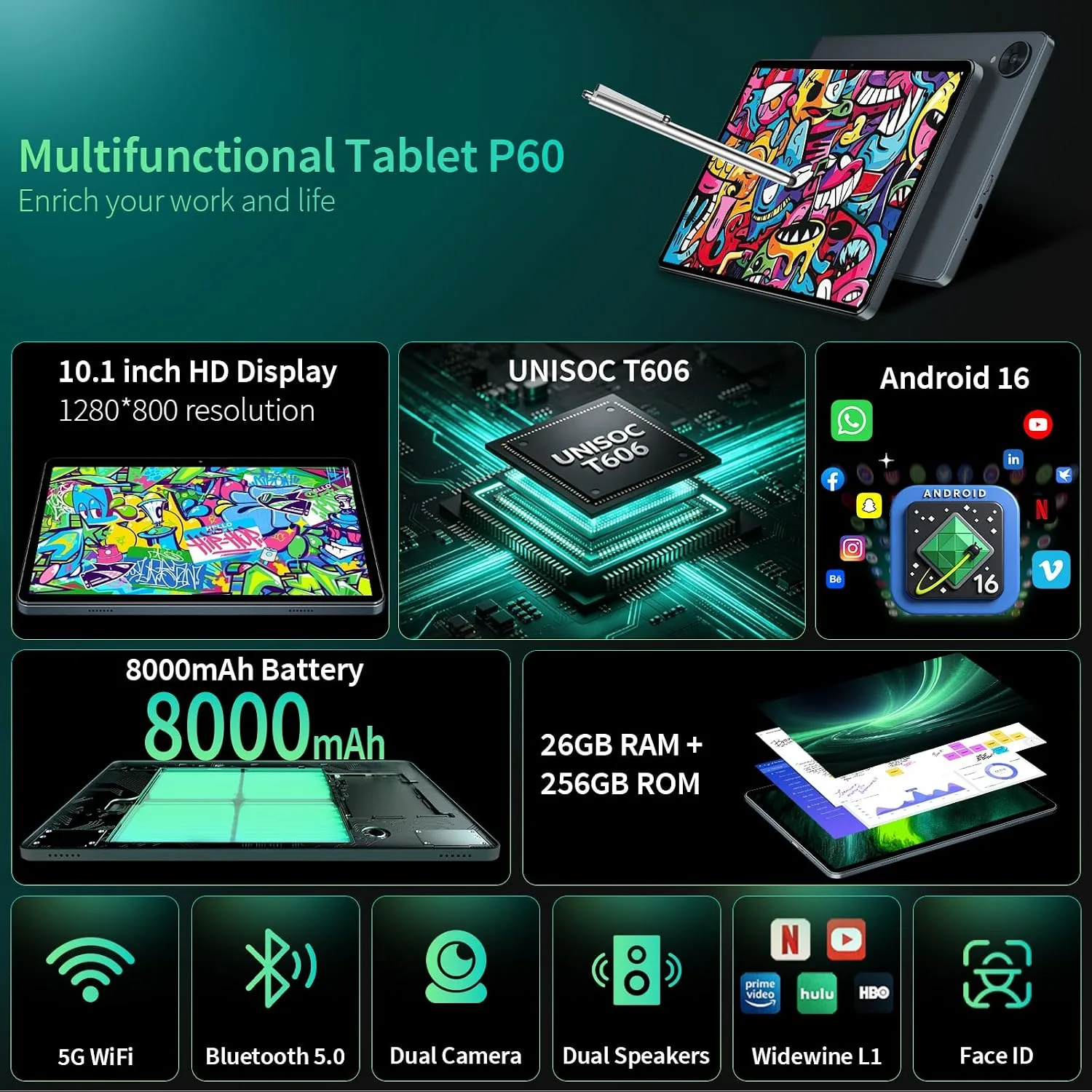 Android 16 Tablet with Keyboard - 26GB+256GB+2TB, Octa-Core(Black Case)