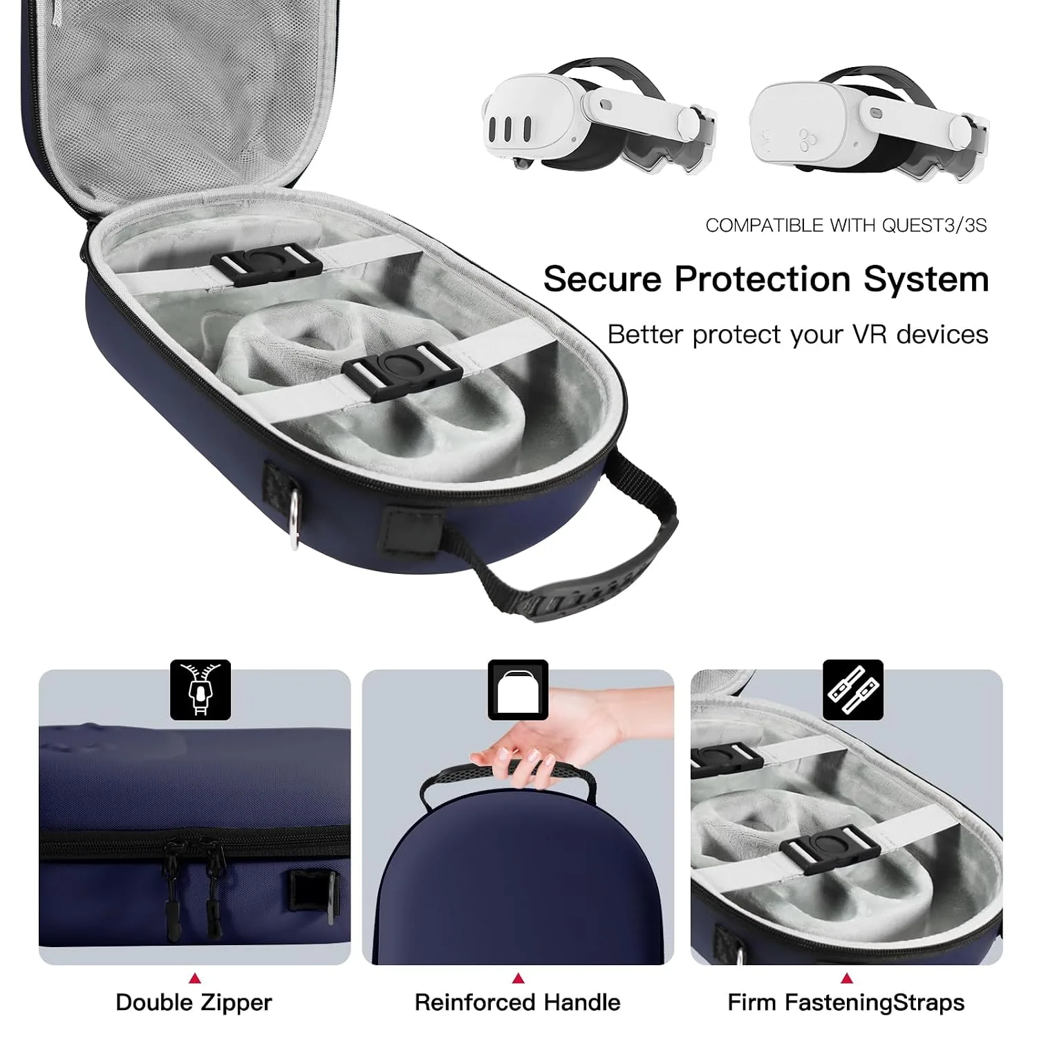 bibuks Hard Carrying Case Compatible with Oculus Meta Quest 3/3S,VR Headset Elite Strap and Touch Controller Accessories Carry Case,Hard Shell Travel Storage Bag (Blue)