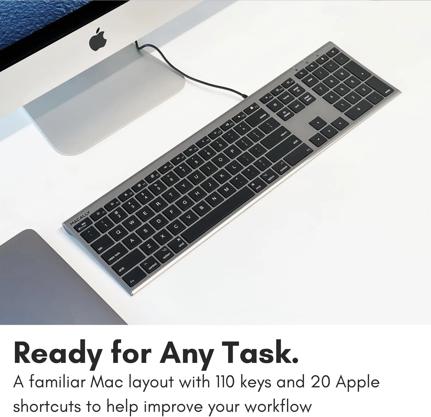Macally Ultra-Slim USB Wired Computer Keyboard - Works Great as Both a Windows or Wired Mac Keyboard - Compatible Full Size Apple Keyboard with Numeric Keypad for Mac mini, iMac, MacBook - Space Gray