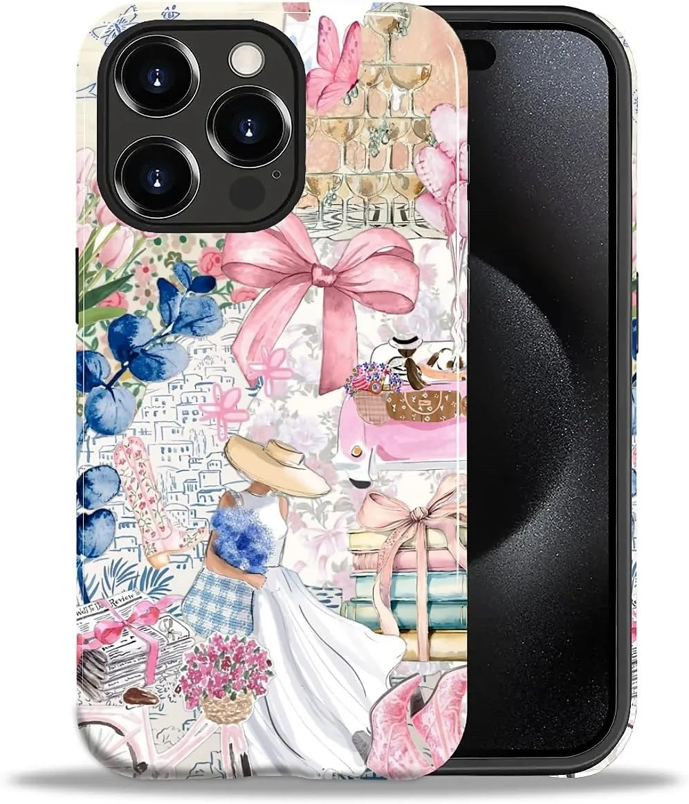 DAIZAG Case for iPhone 15 Pro,Mixed 2 Layer Design Shockproof Soft TPU Ddouble Protection Phone Case for iPhone 15 Pro-Magazine Books Flower Bow Collage