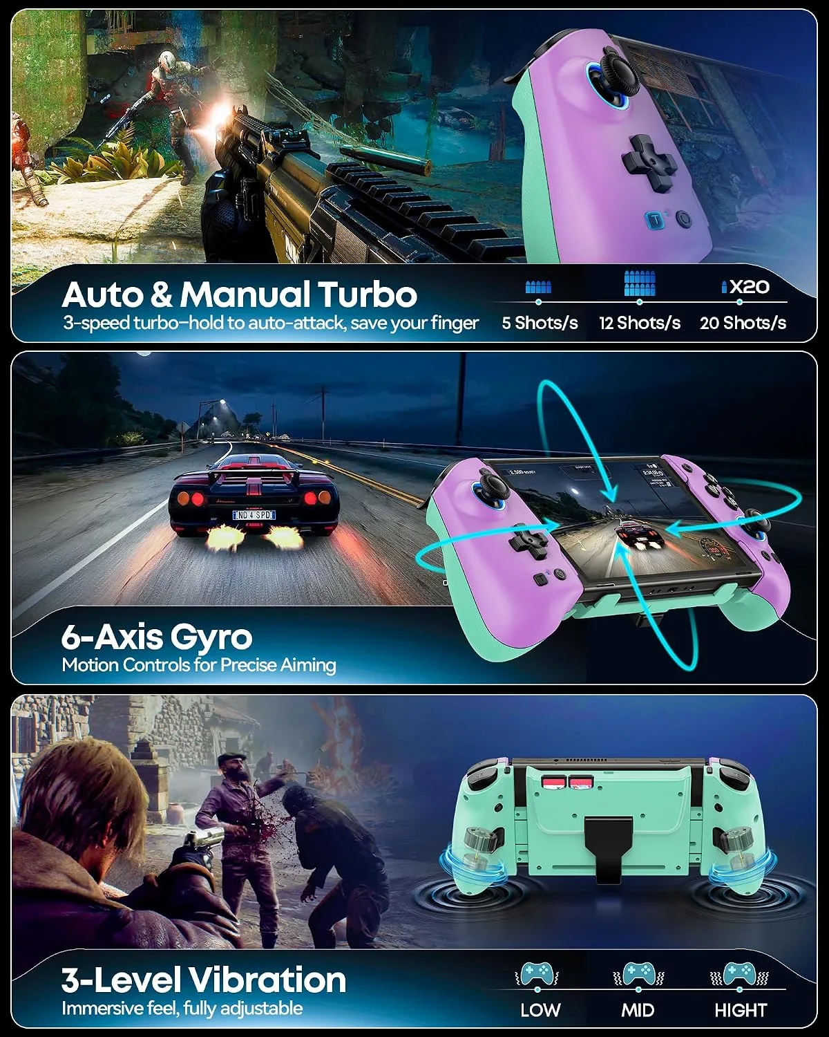 OIVO Switch 1/2 Controller for Original/OLED/Switch 2 Console, Stretchable Switch Handheld Joypad Ergonomic Grip for NS Pro Controller with RGB Light, TMR Joystick, Turbo, 4 Macro, Purple & Green