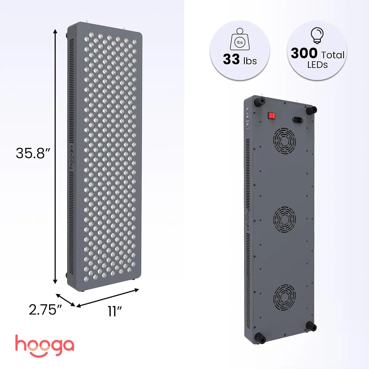 Hooga HG1500 Full Body Red Light Therapy Panel, 300 LEDs, 660nm Red & 850nm Near-Infrared Light, Built-in Timer, Door Hanging Kit