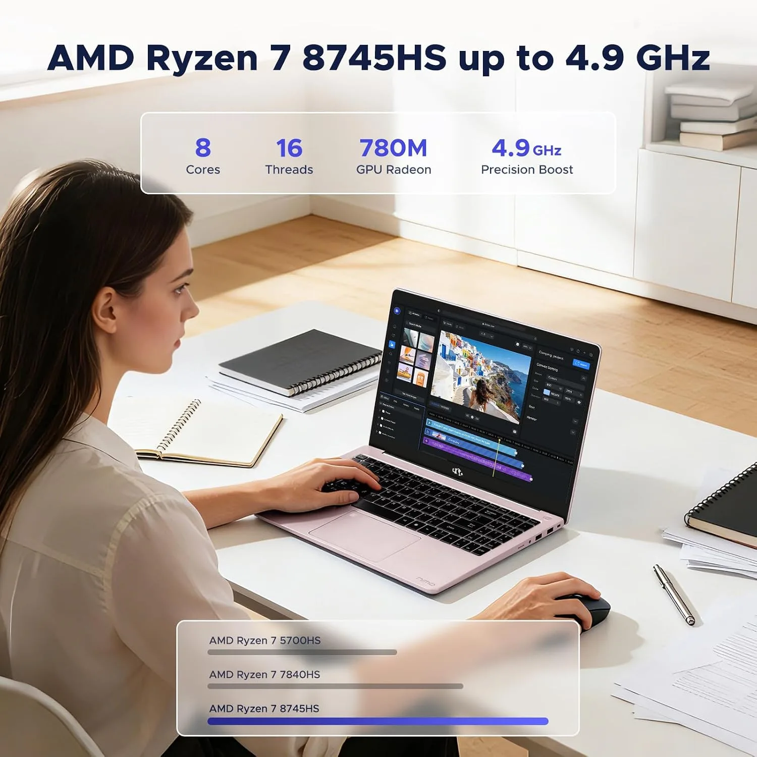 NIMO 15.6" FHD AI-Ready-Laptop, AMD R7-8745HS 16GB DDR5 RAM 512GB SSD (8C/16T, Beat R9 7940HS up to 4.9GHz) 780M-Graphics 100W Type-C Backlit Keyboard Fingerprint for Creators Streaming & Light Gaming