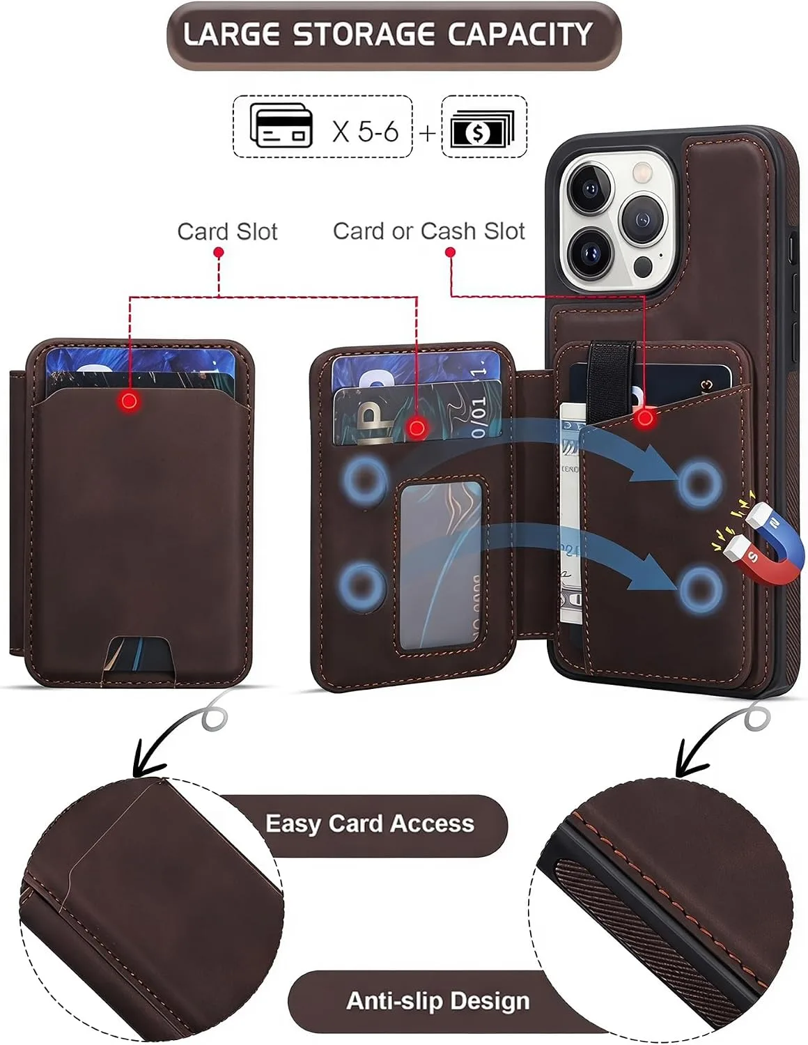 Magnetic Detachable Wallet Case for iPhone 13 Pro Max with Kickstand,2-in-1 MagSafe Compatible RFID Blocking Card Holder,Slim PU Leather Cover Vintage Brown