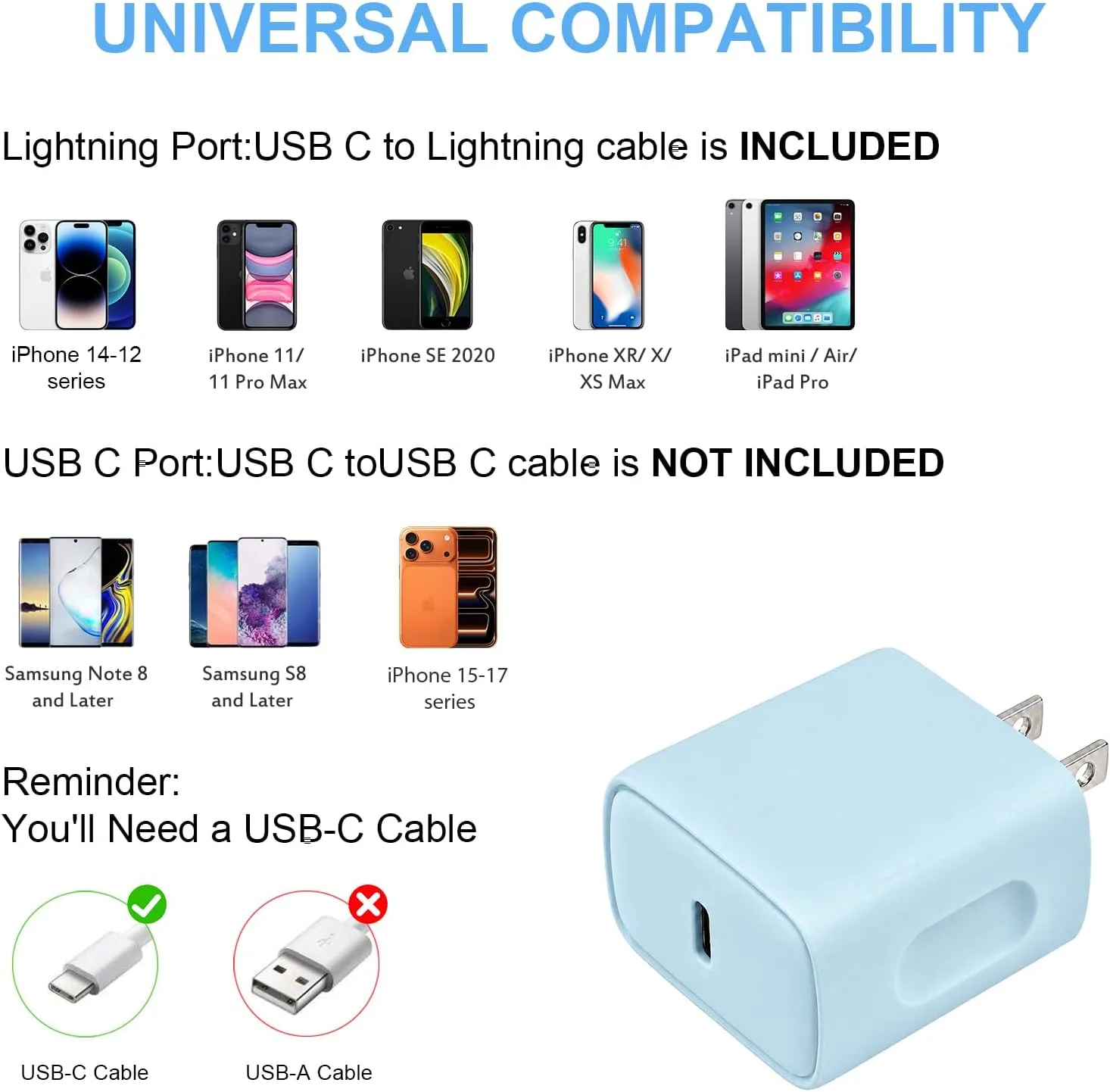 iPhone 14 13 12 Fast Charger 20W PD USB C Wall Charger with 6FT Fast Charging Cable for iPhone 14/14 Pro/14 Pro Max/14 Plus/13/12/11/Pro/Pro Max/Mini/Xs Max/X, iPad - Blue