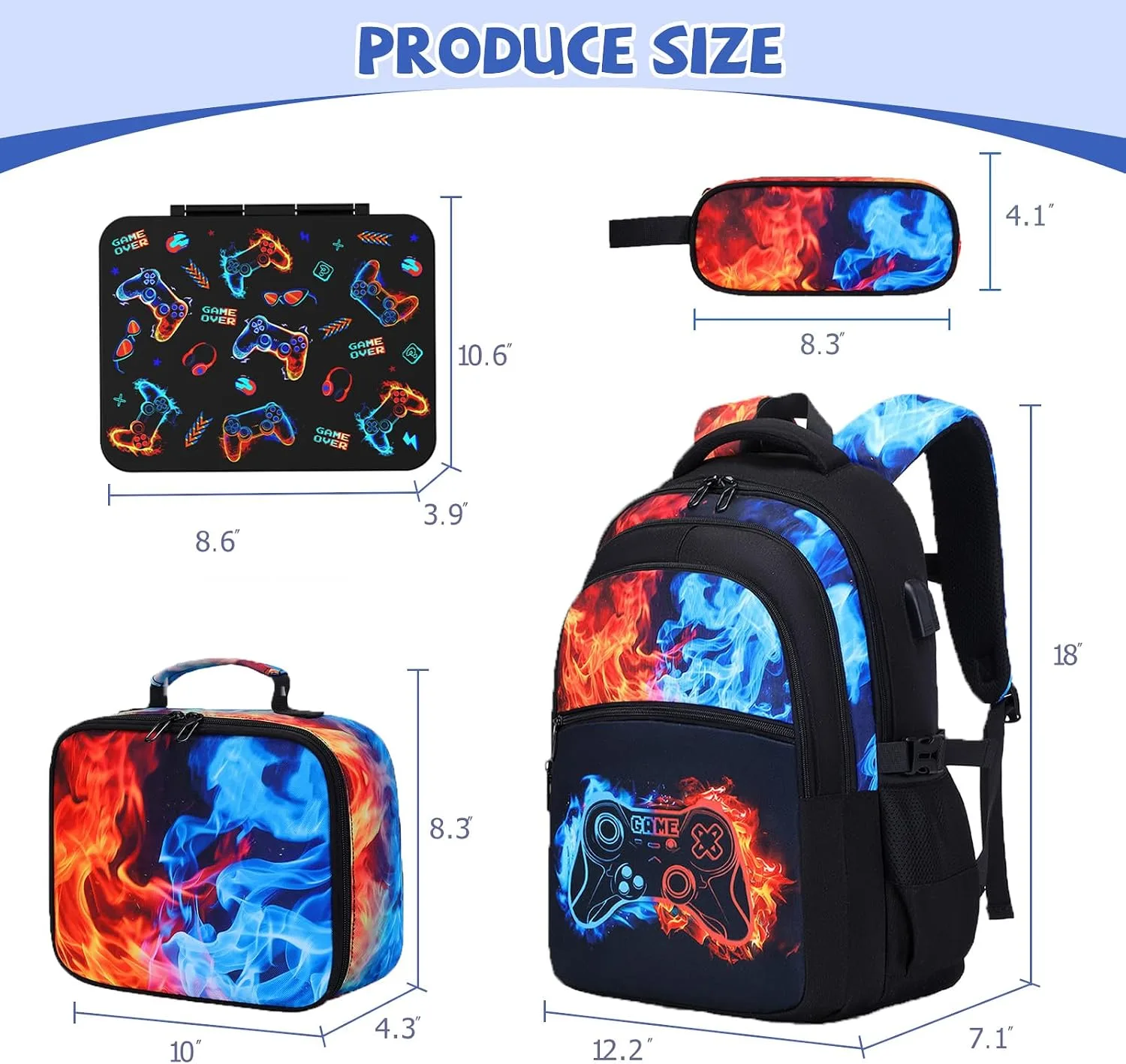 DIGOBAY Boys Backpack for School, 6PCS Cool Luminous Gamer Backpack for Boys with Kids Bento Box Lunch Bag Pencil Case, Kids Backpacks Bookbag for Teen Boys Elementary Middle High School