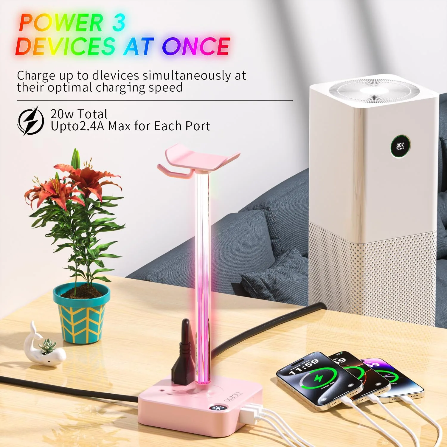 cozoo Headphone Stand with Charger, USB C, Gifts for Gamers Men, Pink Pro