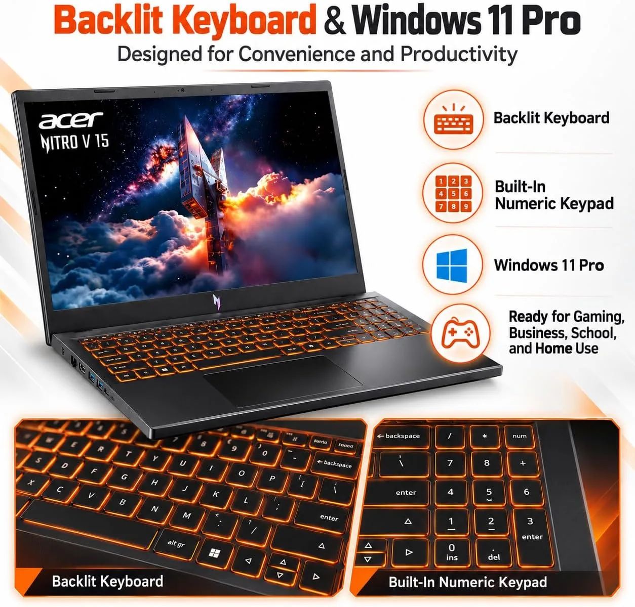 Acer Nitro V15 Gaming Laptop, AMD Ryzen 7 7445HS Processor(4.7GHz), GeForce RTX 3050 6GB GDDR6, 15.6" FHD IPS 165Hz, 16GB DDR5 RAM, 512GB SSD, USB, HDMI, Backlit Keyboard, Wi-Fi 6, Wins 11 Pro